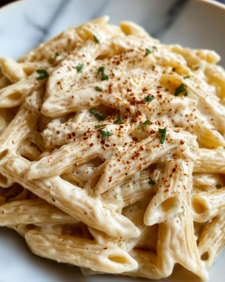 The image shows a close-up of creamy pasta served on a white plate. The dish has a single visible layer of penne pasta coated in a smooth, thick white sauce with pepper flakes and small green herb pieces sprinkled on top, adding texture and color contrast. The creamy sauce looks rich and glossy, covering the pasta evenly, while the pepper and herbs give a speckled effect over the surface. The background is a white marbled texture. photo taken with an iphone --ar 4:5 --v 7