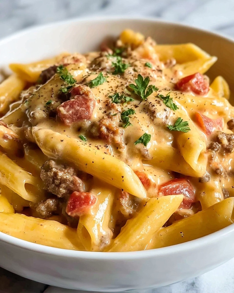 The image shows a close-up of a creamy pasta dish in a white bowl. The dish has three main layers: the base layer is yellow penne pasta coated in a smooth, thick cream sauce, mixed with small chunks of soft red tomatoes. The middle layer has browned ground meat pieces scattered throughout the pasta, adding texture and color contrast with a slightly rough, crumbly look. The top layer is sprinkled with fresh green parsley pieces and specks of black pepper, adding a pop of color and a bit of texture. The background is a white marbled surface. Photo taken with an iphone --ar 4:5 --v 7