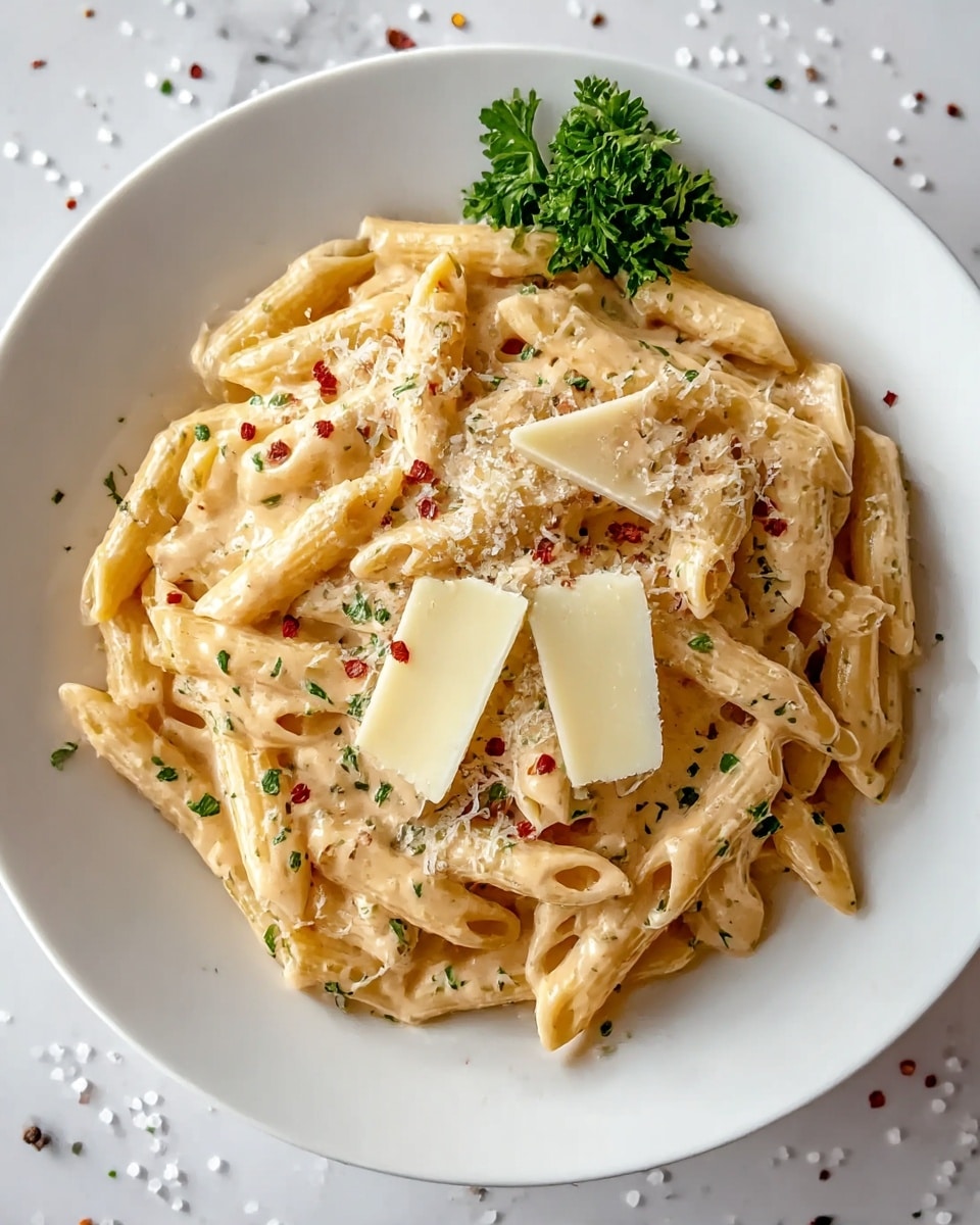 A white plate filled with creamy penne pasta covered in a light beige sauce, sprinkled with small green herb bits and tiny red chili flakes. On top, there are a few thin slices of pale yellow cheese and a small sprig of fresh green parsley in the center. The sauce looks thick and smooth, evenly coating the pasta pieces. The plate rests on a white marbled surface with a soft natural light highlighting the textures. Photo taken with an iphone --ar 4:5 --v 7