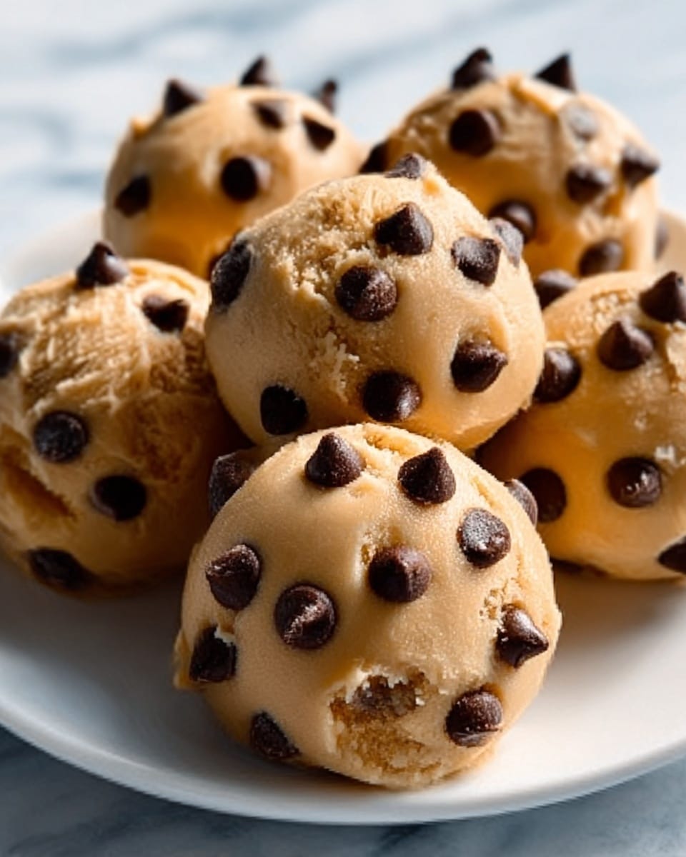 The image shows several round scoops of light brown cookie dough with many dark brown chocolate chips scattered all over each scoop. The scoops are placed close together on a white plate, and the dough looks smooth and slightly soft with some round bumps from the chips. The background features a white marbled texture surface, and the lighting highlights the shiny texture of the chips and the creamy color of the dough. photo taken with an iphone --ar 4:5 --v 7
