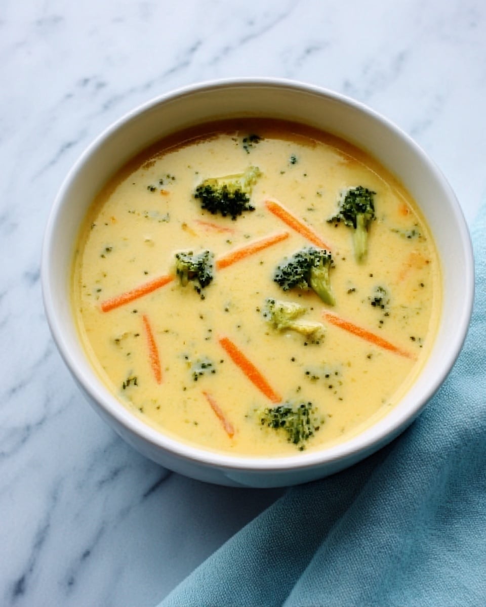 A white ceramic bowl filled with creamy yellow soup with visible small pieces of green broccoli florets and thin orange carrot strips floating in it, showing a smooth texture mixed with chunky vegetable bits, placed on a white marbled surface with a light blue cloth partly visible beside the bowl, photo taken with an iphone --ar 4:5 --v 7