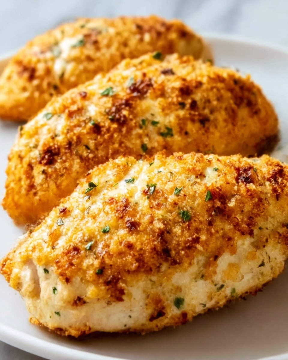 The image shows three pieces of cooked chicken breast with a golden brown, crispy crust on the outside. The chicken has small green herb bits sprinkled on top, adding a touch of color. The surface of the chicken looks juicy and tender inside with a crunchy outer layer. They are placed on a plain white, round plate with no other items. The background is a smooth white marble texture. Photo taken with an iphone --ar 4:5 --v 7