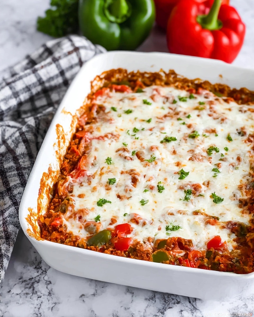 A white rectangular baking dish filled with a baked casserole that has a visible layer of melted white cheese with browned spots on top, sprinkled with small green herbs. Beneath the cheese layer, there are chunks of red and green bell peppers mixed with a sauce and browned ground meat or textured vegetable protein, creating a textured and colorful mix. The edges show browned sauce that touches the white sides of the dish. The dish sits on a white marbled surface with a checkered cloth and green and red bell peppers in the background. Photo taken with an iphone --ar 4:5 --v 7