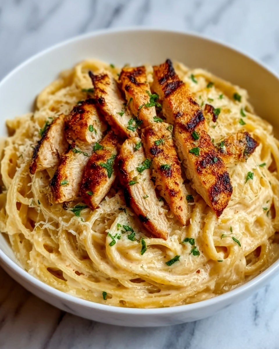 The image shows a bowl of creamy pasta topped with grilled chicken pieces. The pasta is a light yellow color with a smooth, creamy texture, and is layered in the white bowl. On top, there are several golden-brown grilled chicken strips with slight char marks, arranged neatly in the center. Small bits of green herbs are sprinkled over the chicken and pasta, adding a fresh touch. The background is a white marbled surface. photo taken with an iphone --ar 4:5 --v 7