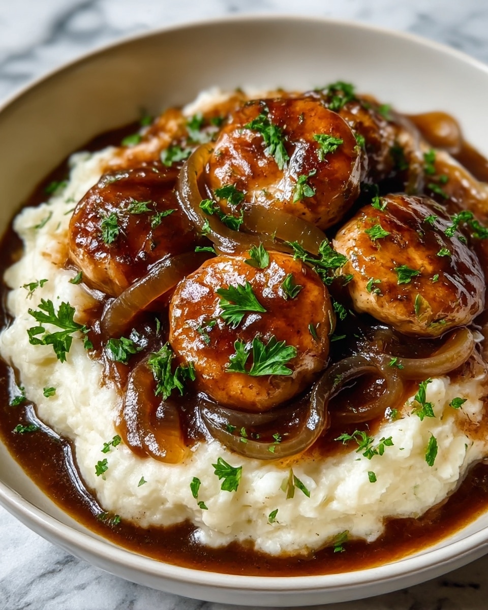 A dish with two main layers in a white bowl placed on a white marbled surface. The bottom layer is creamy mashed potatoes with a smooth, soft texture and a white color. On top, there are several golden-brown meat patties that look juicy and well-cooked, coated in a shiny dark brown onion gravy with visible slices of cooked onions. Fresh green parsley leaves are sprinkled over the meat and gravy, adding a pop of color and freshness to the dish. photo taken with an iphone --ar 4:5 --v 7