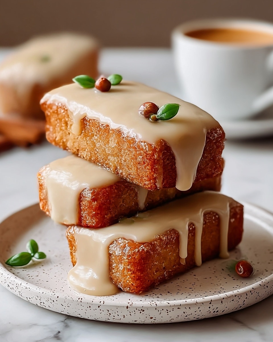 Three rectangular cakes are stacked on a white plate with a speckled pattern, placed on a white marbled surface. Each cake has a golden-brown outer crust with a textured, slightly crispy look. They are topped with a smooth, creamy beige icing that drips down the sides in thick, glossy layers. Small green leaves and a few red berries are placed decoratively on top of the icing. In the background, there is a blurred white cup with coffee on a saucer. Photo taken with an iphone --ar 4:5 --v 7