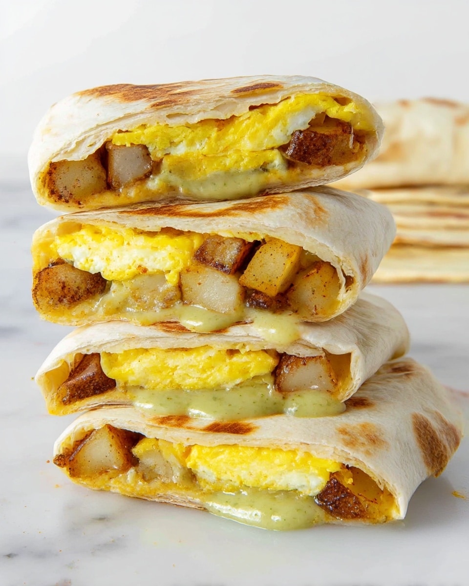 A stack of four folded burritos cut in half, showing three main layers inside each: the bottom and top layers are flat yellow cooked eggs with a smooth texture, the middle layer contains brown, crispy cooked potato cubes, and a soft, light green sauce oozes out slightly from the middle to the bottom. The burrito wraps are light beige with some brown spots, soft and lightly toasted. The stack sits on a white marbled surface, with an extra folded burrito and some flat cooked tortillas blurred in the background. Photo taken with an iphone --ar 4:5 --v 7
