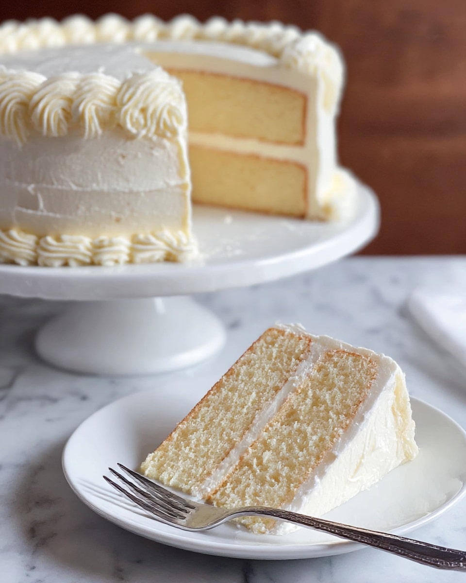 A white plate with a cut slice of three-layer vanilla cake, each layer separated by a thin layer of white frosting, showing a soft and fluffy texture; the cake slice is in front with a silver fork resting on the plate near it, while the larger remaining cake with similar white frosting and piped decorative edges is on a white cake stand in the background, all placed on a white marbled surface. photo taken with an iphone --ar 4:5 --v 7