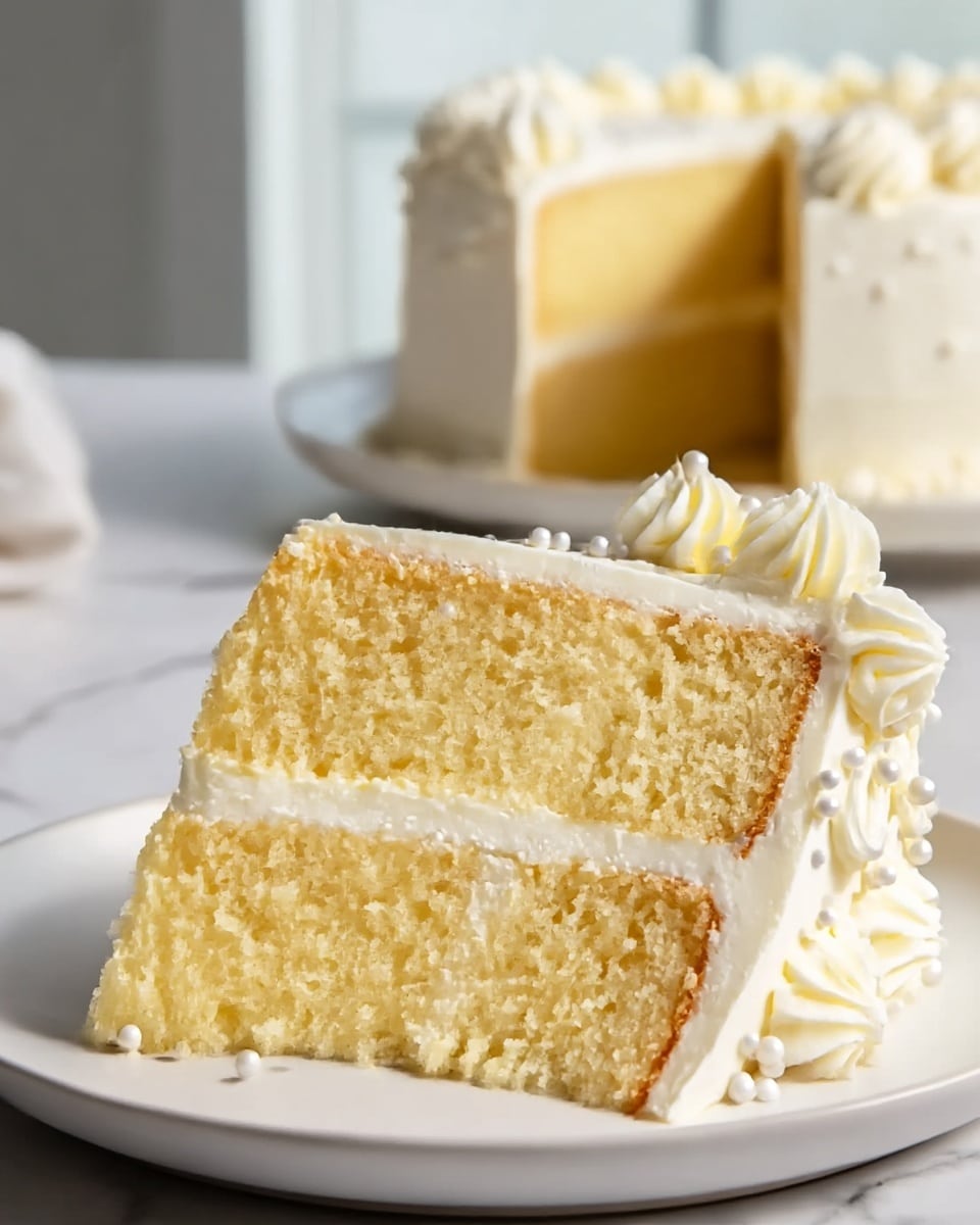 A close-up view of a two-layer vanilla cake slice on a white plate, resting on a white marbled surface; each cake layer is pale yellow with a moist, soft texture, separated by a thick layer of smooth white frosting. The outer surface of the cake is covered with the same white frosting and decorated with small white pearl-like sprinkles and delicate piped swirls along the edge. The background shows the remaining cake on another white plate, slightly blurred, with a soft-focus window in the distance. photo taken with an iphone --ar 4:5 --v 7