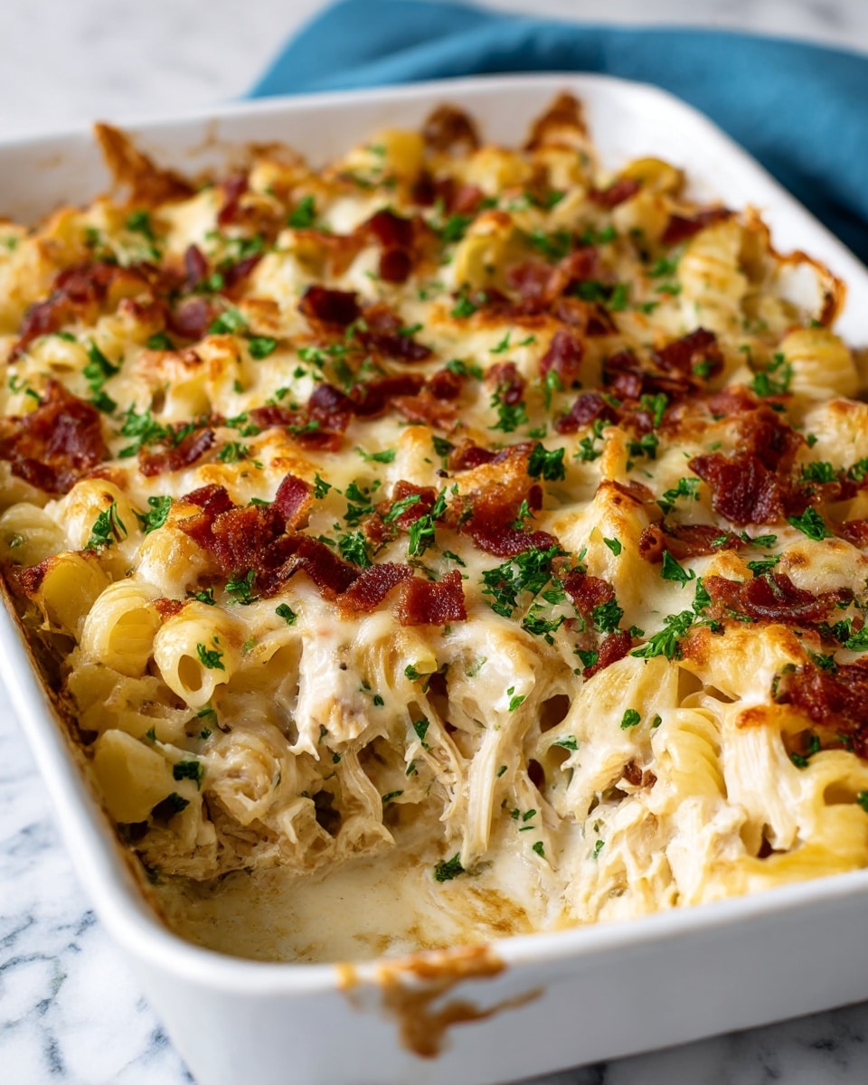 A close-up view of a white baking dish filled with a creamy baked pasta casserole. The dish has three visible layers: at the bottom, soft cooked curly pasta with a smooth white sauce covers the base; the middle layer shows shredded cooked chicken mixed throughout, blending with the sauce and pasta; the top layer is golden-brown melted cheese, sprinkled generously with small crispy dark reddish-brown bacon bits and chopped fresh green parsley. The edges of the baking dish show some browned sauce residue, and the dish sits on a white marbled surface with a blue cloth nearby. photo taken with an iphone --ar 4:5 --v 7