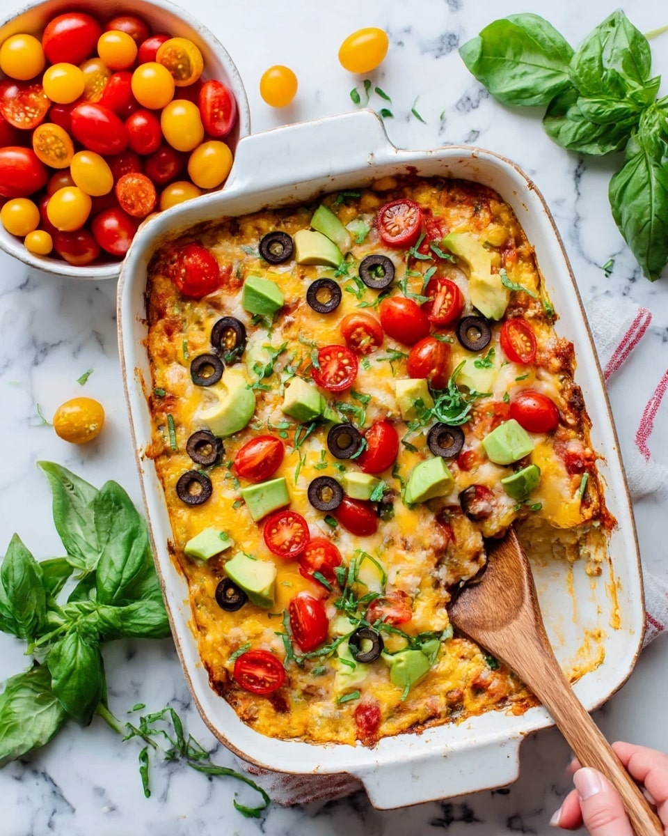 This image shows a rectangular white baking dish filled with a casserole that has three main layers. The bottom layer is golden and crumbly, likely some kind of crust or cornbread. The middle layer is creamy and pale yellow, possibly a cheese or sauce. The top layer is colorful and textured with melted cheese that is golden and slightly browned, halved cherry tomatoes in red and yellow, sliced black olives, chopped green avocado, and bits of green seasoning. A woman's hand holding a silver serving spoon is scooping a portion from the dish, revealing the inside layers. Around the baking dish, there are fresh basil leaves on the left and a small white bowl with red and yellow cherry tomatoes on the right, all set on a white marbled surface. Photo taken with an iphone --ar 4:5 --v 7