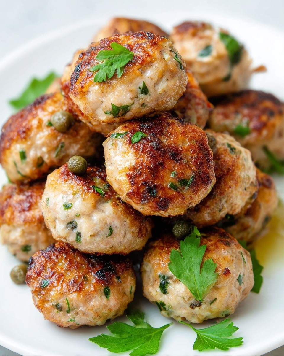 A close-up view of several golden-brown meatballs stacked on a white plate, each meatball having a slightly uneven shape with a crispy, browned crust and specks of herbs throughout. The meatballs show small green capers and bright green chopped parsley scattered on top and around them, adding a fresh and vibrant touch. The texture of the meatballs looks moist yet firm, and the white plate sits on a white marbled surface that softly reflects the light. photo taken with an iphone --ar 4:5 --v 7