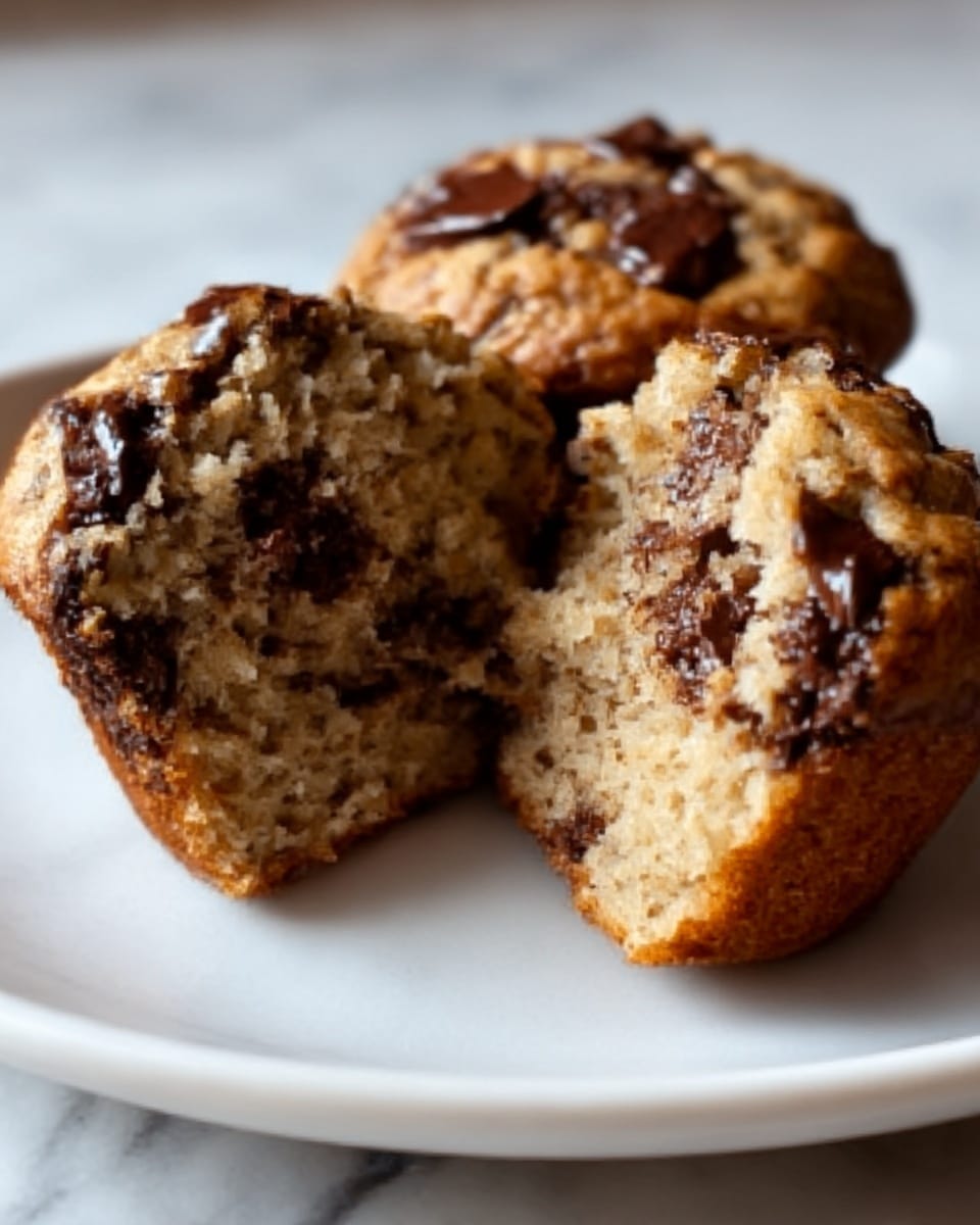 A close-up of a split muffin with a brown top sprinkled with oats and dark chocolate chunks visible inside the beige, soft crumb. The muffin rests on a plain white plate placed on a white marbled surface. Photo taken with an iphone --ar 4:5 --v 7