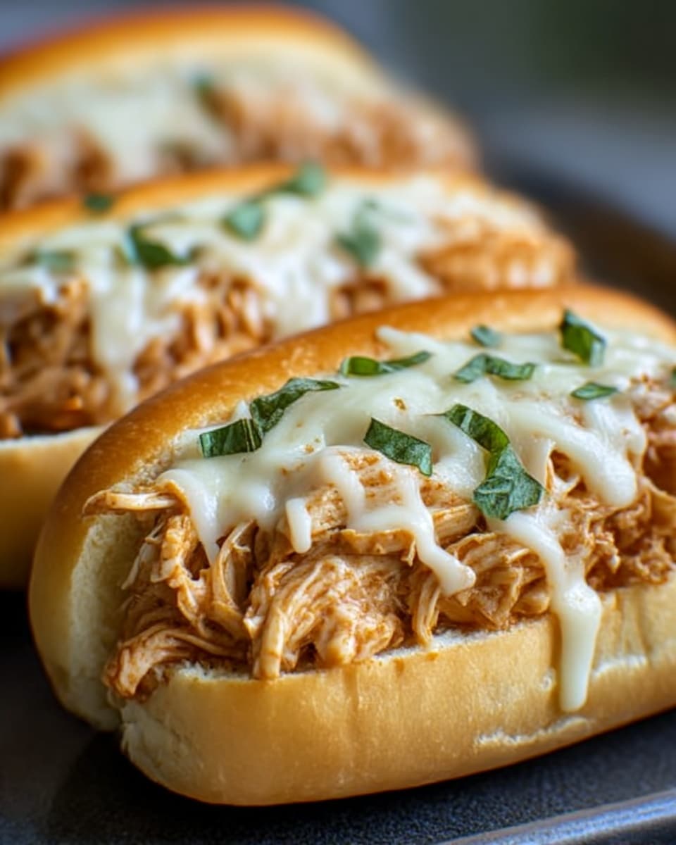 The image shows a close-up of two sandwiches on a white marbled surface. Each sandwich has a white, soft bun base topped with shredded chicken that looks moist and tender, covered by melted cheese that is creamy and slightly browned. Small green leaves of fresh parsley are scattered on top, adding a touch of color, along with a sprinkle of black pepper. The textures of the soft bun, the stringy chicken, and the smooth melted cheese are clearly visible. Photo taken with an iphone --ar 4:5 --v 7