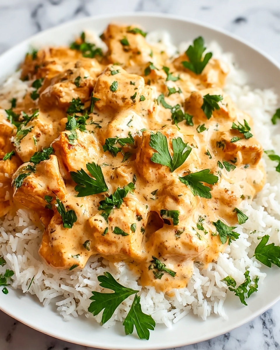 The image shows a white plate filled with a layer of fluffy white rice at the bottom. On top of the rice, there is a thick layer of creamy orange-colored sauce containing browned pieces of chicken. The sauce looks smooth and rich, covering the chicken and rice unevenly. Small green parsley leaves are scattered on top, adding a fresh touch of color. The plate is set on a white marbled surface. Photo taken with an iphone --ar 4:5 --v 7