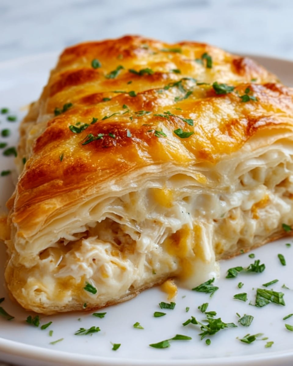 The image shows a close-up of a baked pastry roll cut to expose three layers inside: a golden, flaky outer crust with a slightly crispy texture, a creamy white layer filled with chunks of chicken, and melted cheese on top that is bubbly and browned in spots. Small green herb pieces are sprinkled on the cheese and around the pastry on the white plate. The plate rests on a white marbled surface. Photo taken with an iphone --ar 4:5 --v 7