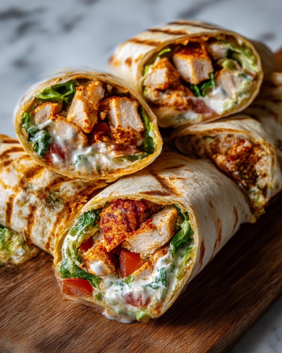The image shows four halves of wraps placed on a wooden board, each filled with several layers. The outer layer is a light brown, slightly toasted tortilla that has some darker brown spots from cooking. Inside, there is a layer of grilled chicken pieces with a golden brown, crispy texture and white tender meat inside. Mixed with the chicken are fresh green leafy vegetables, adding a bright green color and a crunchy texture. There are also small pieces of red tomato scattered among the greens. A creamy white sauce with visible black specks is generously spread inside, adding smoothness and moisture to the filling. The wraps are arranged closely, showing a cross-section of their colorful and textured fillings on a white marbled surface. photo taken with an iphone --ar 4:5 --v 7