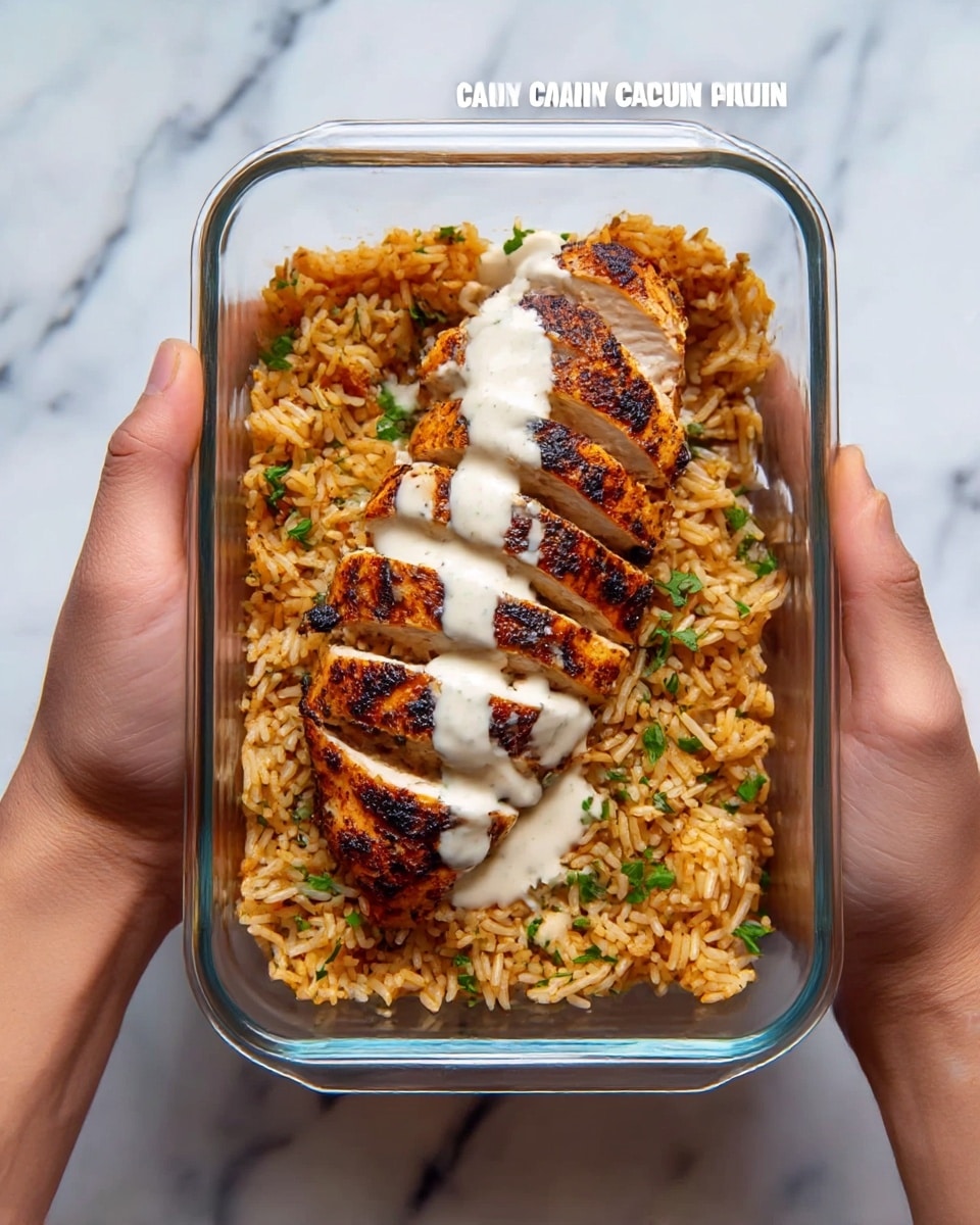 A clear glass rectangular container holds a dish with two main layers; the bottom layer is seasoned rice with a golden-orange color and a fluffy texture, filling the entire container. On top lies a sliced grilled chicken breast with a dark, crispy, reddish-brown Cajun crust, cut into thick pieces and laid neatly across the rice. The chicken is drizzled unevenly with a creamy white sauce that has small green herb bits sprinkled on top. The container is held by a pair of woman's hands over a white marbled surface. photo taken with an iphone --ar 4:5 --v 7