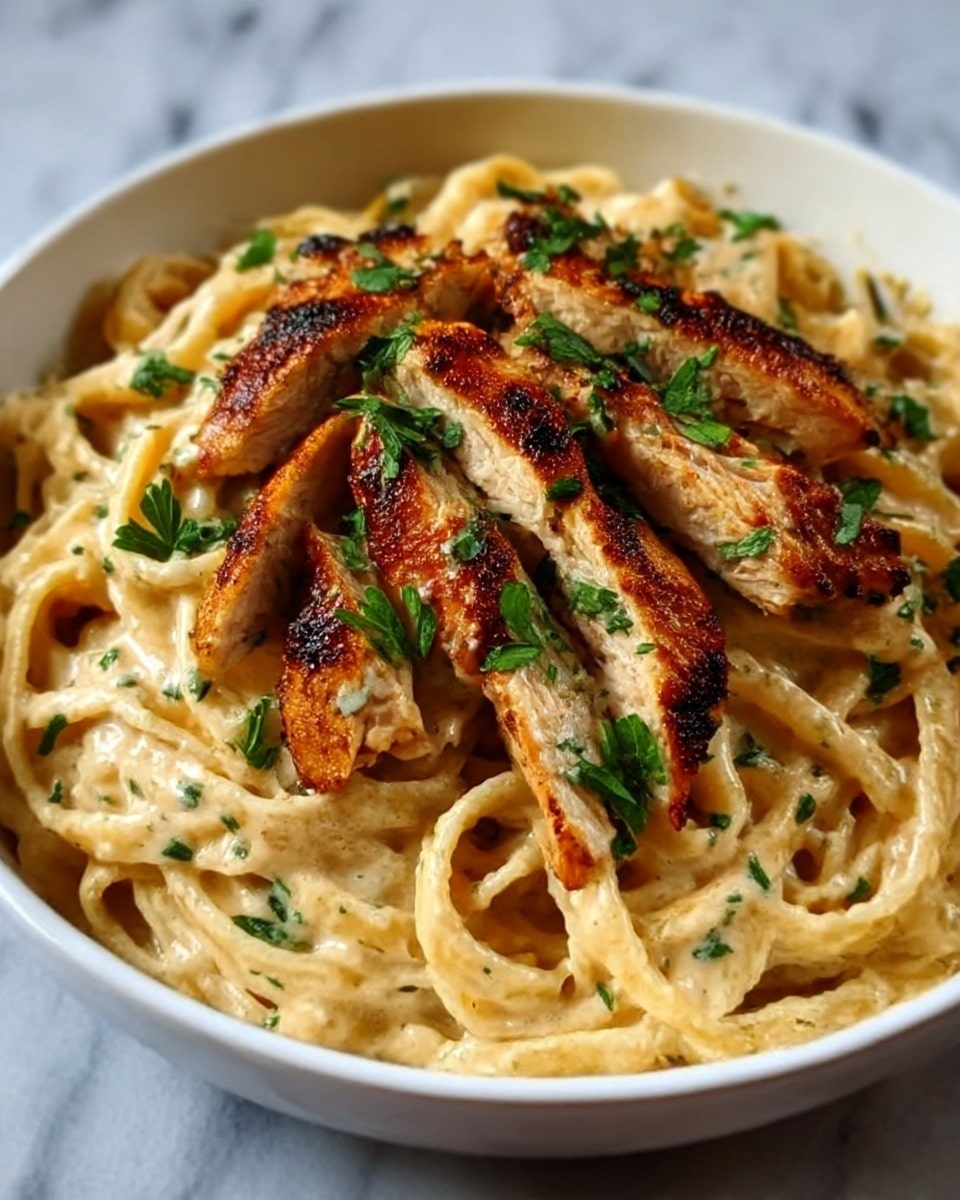 A white bowl filled with creamy pasta noodles coated in a smooth, light beige sauce, topped with several pieces of grilled chicken that have a golden brown char. Fresh green herbs are sprinkled on top, adding a pop of color. The chicken is placed on the pasta in a scattered but balanced way. The creamy sauce clings well to the pasta, giving it a rich texture. The bowl rests on a white marbled texture surface. photo taken with an iphone --ar 4:5 --v 7