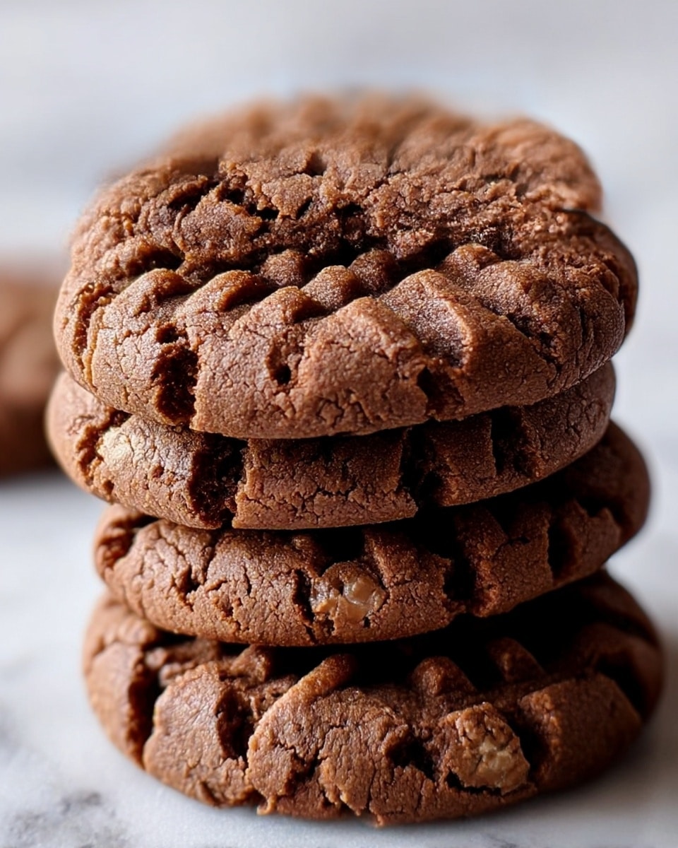 A close-up of a stack of three thick chocolate cookies, each cookie showing a crisscross pattern pressed into the top with clear fork marks, with a slightly cracked and rough texture on the surface. The cookies are rich dark brown and appear soft and chewy, stacked on a white marbled surface that is softly out of focus in the background. Photo taken with an iphone --ar 4:5 --v 7
