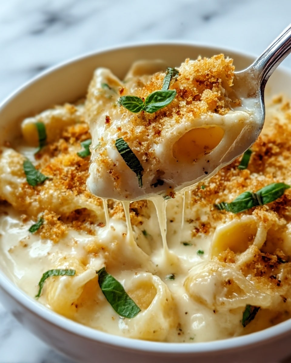 The image shows a close-up of a white bowl filled with creamy mac and cheese. The dish has several layers: at the bottom, soft pasta shells covered with a thick, smooth, white cheese sauce, topped with a golden brown crust of toasted breadcrumbs. There are small green basil leaves scattered on top, adding a touch of color. A silver spoon is partially dipped into the cheese sauce on the right side. The bowl sits on a white marbled surface, and the lighting highlights the creamy texture of the sauce and the crunchy topping. Photo taken with an iphone --ar 4:5 --v 7
