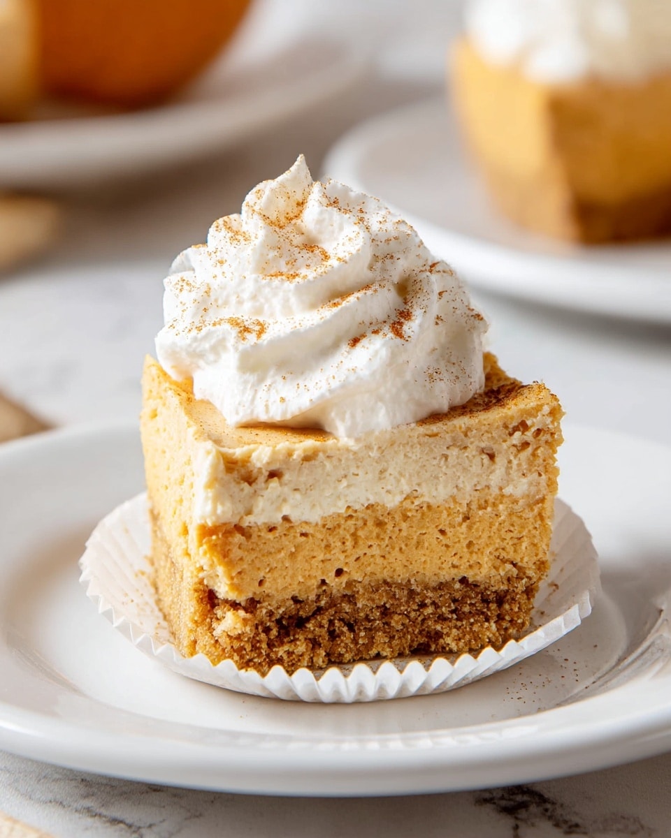 A small cheesecake slice with three layers: the bottom layer is a crumbly, golden brown crust, the middle layer is a smooth, light orange pumpkin cheesecake filling with a creamy texture, and the top layer is a generous dollop of white whipped cream sprinkled lightly with cinnamon. The slice sits in a white cupcake liner on a white plate, all placed on a white marbled surface. Photo taken with an iphone --ar 4:5 --v 7