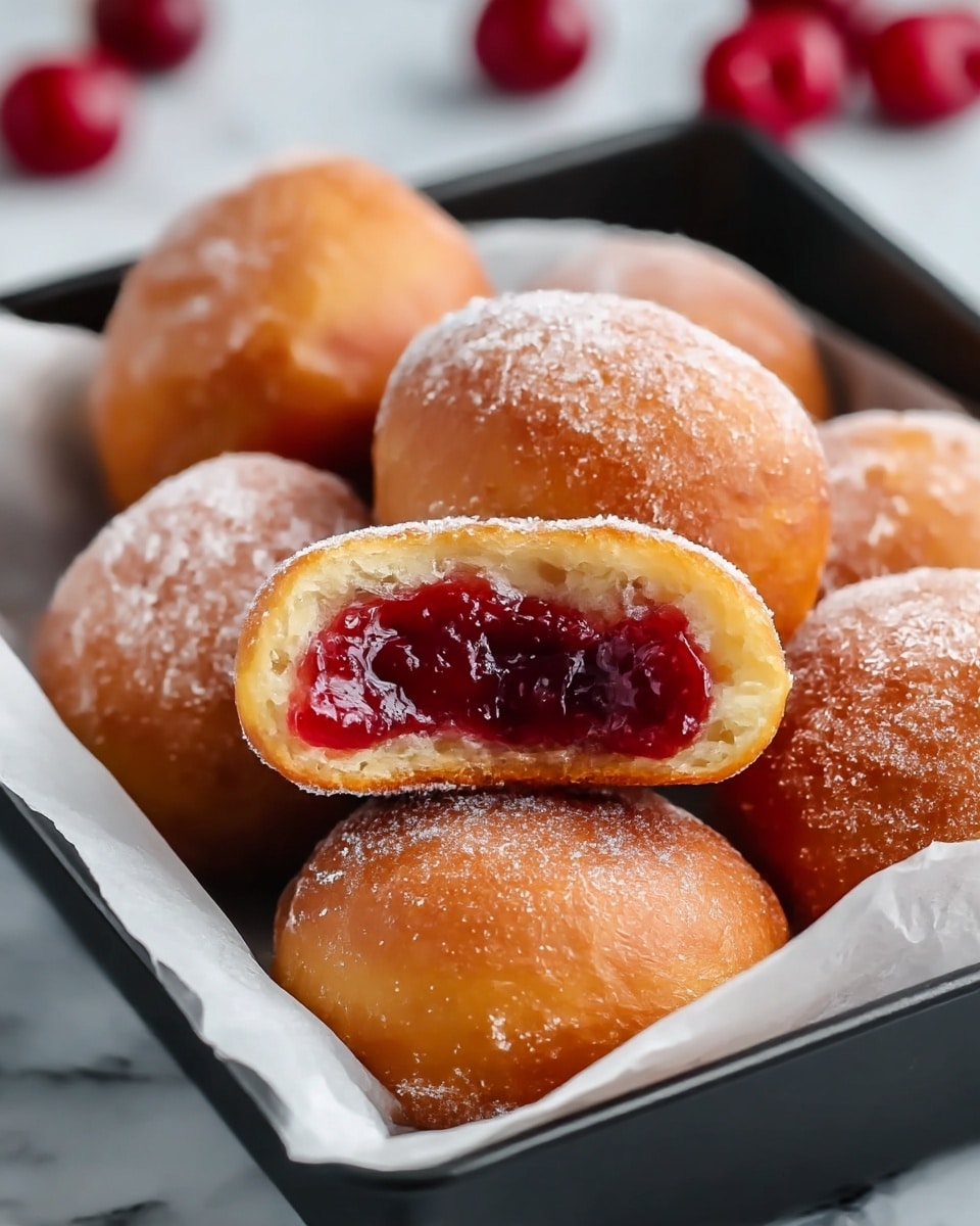 The image shows a tray lined with white baking paper, holding seven golden-brown doughnuts dusted lightly with powdered sugar. One doughnut at the front is cut open and positioned on top of another, revealing a glossy, deep red cherry jam filling inside. The doughnuts have a slightly crispy and shiny exterior with a puffy texture. In the background, blurred red cherries add to the visual theme. The tray rests on a white marbled surface. photo taken with an iphone --ar 4:5 --v 7