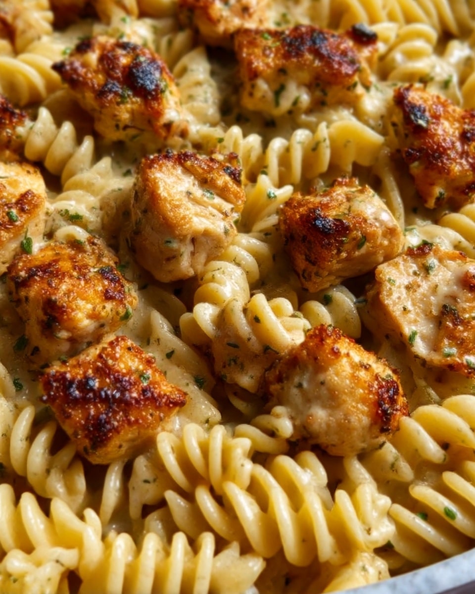 The image shows a close-up of a pasta dish with creamy rotini noodles that are light beige in color, mixed evenly with small pieces of grilled chicken that are golden brown with char marks and some seasoning visible. The pasta looks creamy and smooth, while the chicken pieces have a slightly crispy texture. The dish is presented on a white plate with the white marbled surface in the background. Photo taken with an iphone --ar 4:5 --v 7