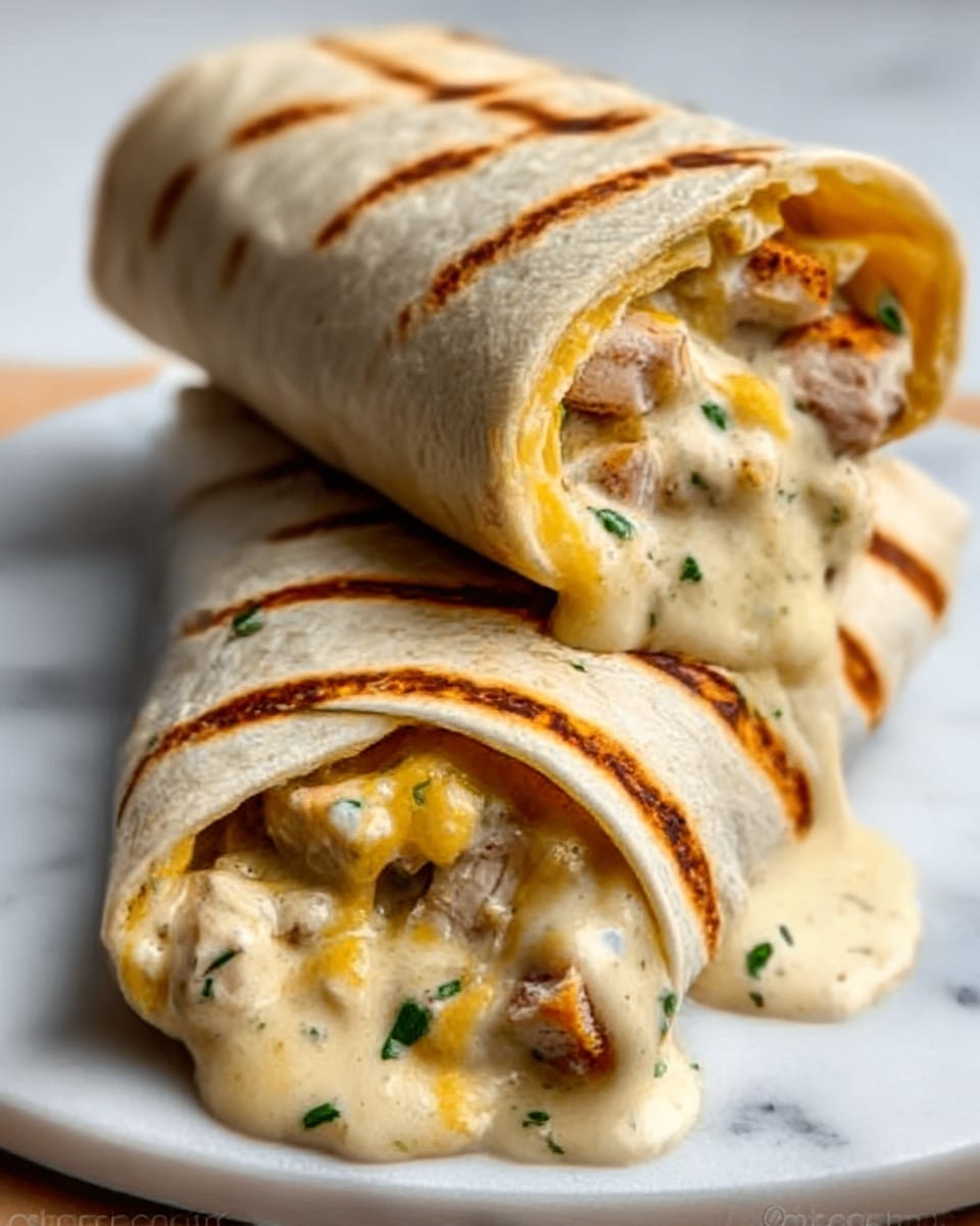 Two tightly rolled tortillas are shown, each filled with a creamy sauce mixed with pieces of chicken, and topped with melted shredded orange cheese that slightly drips from the ends. The tortillas have some browned grill marks and a soft texture with a light golden color. The fillings are creamy white with specks of herbs, creating a rich and smooth look. The rolled tortillas are placed on a wooden surface with a white marbled texture in the background. Photo taken with an iphone --ar 4:5 --v 7