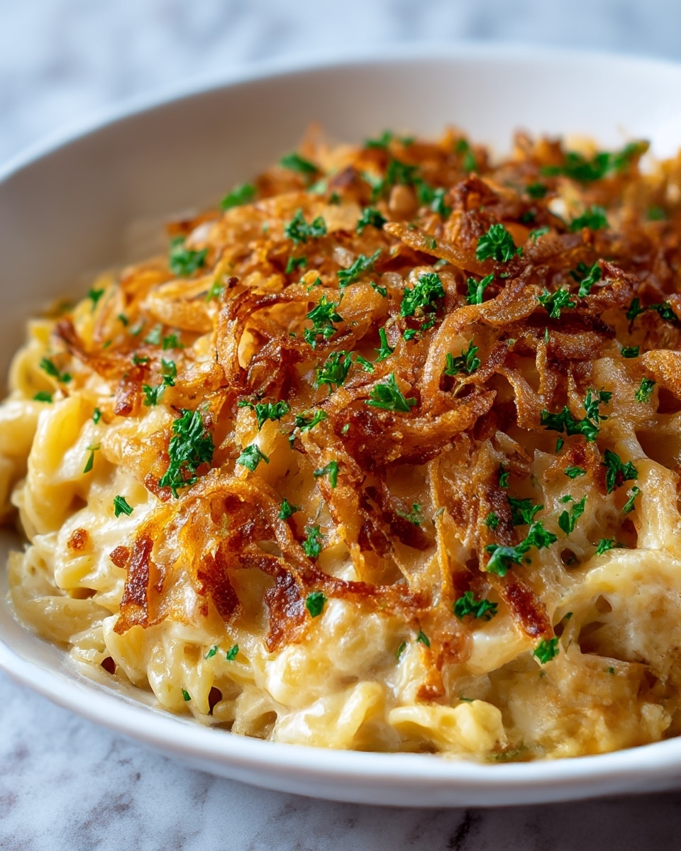 A close-up view of a white bowl filled with a creamy pasta dish made of small noodle shapes mixed with shredded chicken and melted cheese, creating a light beige and pale yellow base layer. On top, there is a golden brown layer of crispy fried onions with a textured, crunchy look. Scattered green parsley pieces are sprinkled over the whole dish, adding bursts of fresh green color. The bowl sits on a white marbled surface. photo taken with an iphone --ar 4:5 --v 7