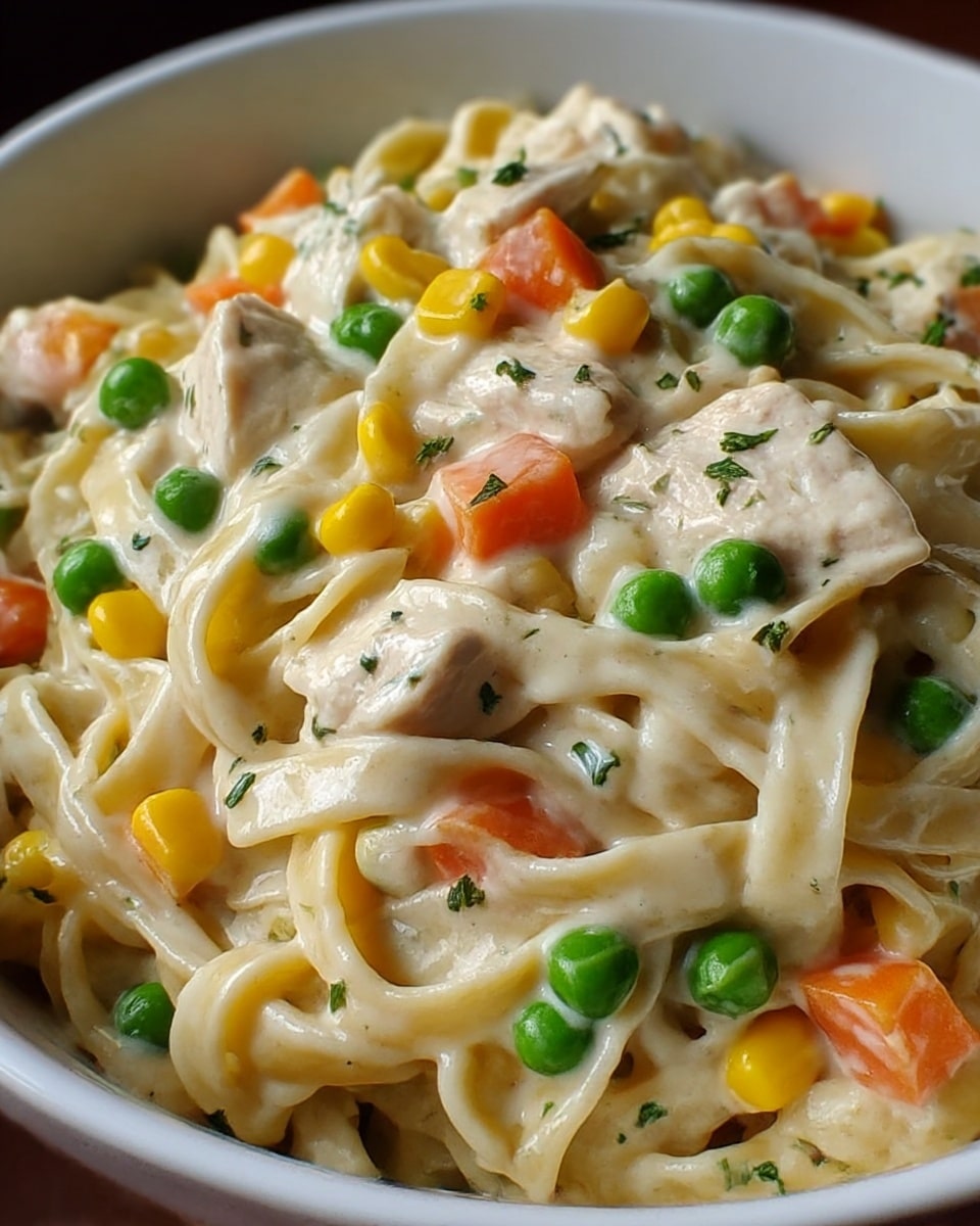 A close-up view of creamy pasta served in a white bowl, showing thick, flat noodles covered in a smooth, pale cream sauce. Mixed in are bite-sized pieces of white chicken, bright green peas, small orange carrot cubes, and yellow corn kernels, all evenly spread throughout. Small green herb bits are sprinkled lightly on top, adding contrast to the light colors. The bowl sits on a white marbled surface, emphasizing the warm, soft texture and fresh ingredients of the dish. photo taken with an iphone --ar 4:5 --v 7