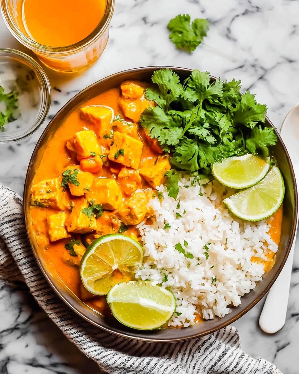 A bowl filled with two main sections: on the left, bright orange chunks of vegetables and tofu covered in a smooth curry sauce, and on the right, fluffy white rice. Fresh green cilantro leaves lie between the curry and rice, along with two lime halves placed on top of the rice, one near the center and one near the bottom. A white spoon is partially visible on the right side of the bowl. The bowl sits on a white marbled surface with a striped cloth underneath and a small glass bowl with orange sauce in the upper left corner. photo taken with an iphone --ar 4:5 --v 7