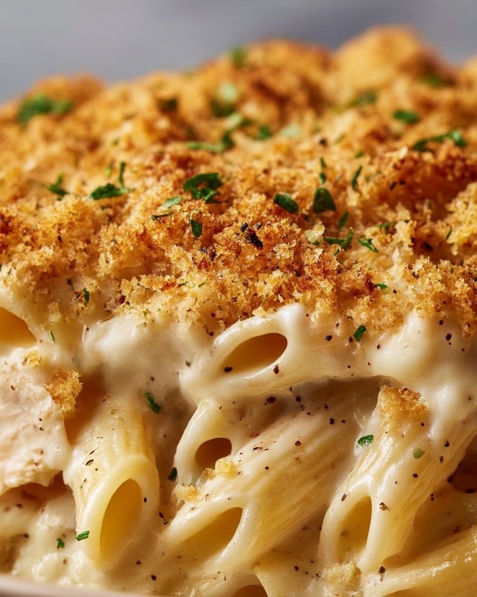 Close-up of creamy baked pasta with three layers visible: the bottom layer is smooth pale yellow sauce coating the pasta, the middle layer is tender, light beige penne pasta, and the top layer is golden brown crunchy breadcrumbs sprinkled unevenly with small bits of green herbs and black pepper. The colors blend from creamy white sauce to light brown crunchy topping. photo taken with an iphone --ar 4:5 --v 7