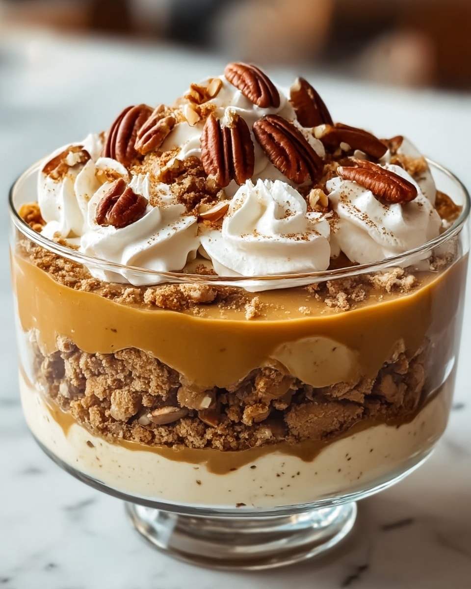 A clear glass bowl shows a dessert made of three main layers: the bottom layer is crumbly and light brown with cookie pieces, the middle layer is smooth and caramel-colored, and the top layer is creamy white with visible vanilla specks. On top, there are swirls of white whipped cream decorated with chopped nuts and whole pecan halves, giving it a crunchy texture. The bowl is placed on a white marbled texture surface. photo taken with an iphone --ar 4:5 --v 7