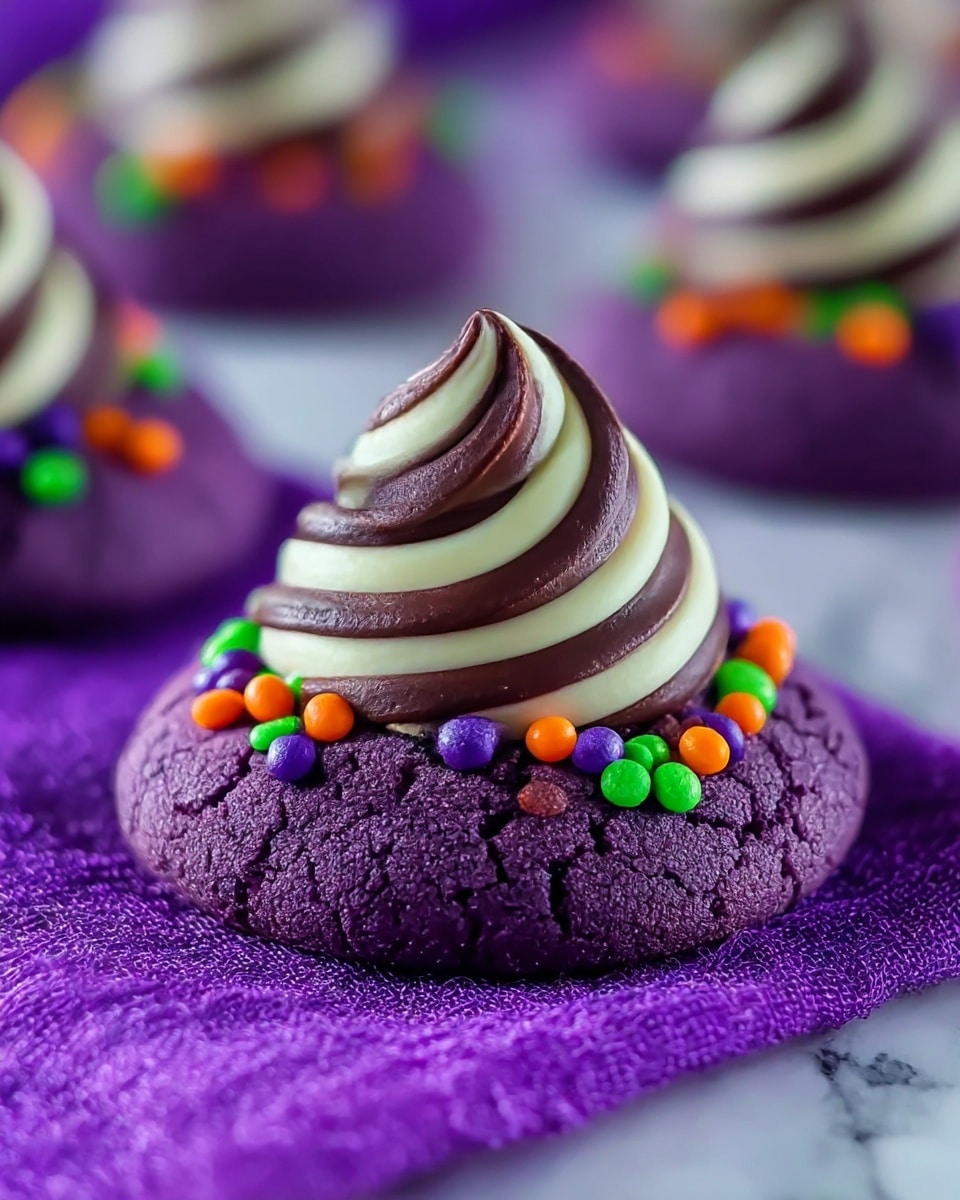 The image shows a close-up of a single thick purple cookie with a cracked texture, topped with a swirl-shaped chocolate and cream candy that has alternating dark brown and white stripes. Surrounding the base of the candy are small round sprinkles in bright orange, green, and purple colors. The cookie sits on a purple textured cloth, and several similar cookies are blurred in the background. The whole scene has a soft focus with a vivid color contrast, set on a white marbled texture. photo taken with an iphone --ar 4:5 --v 7