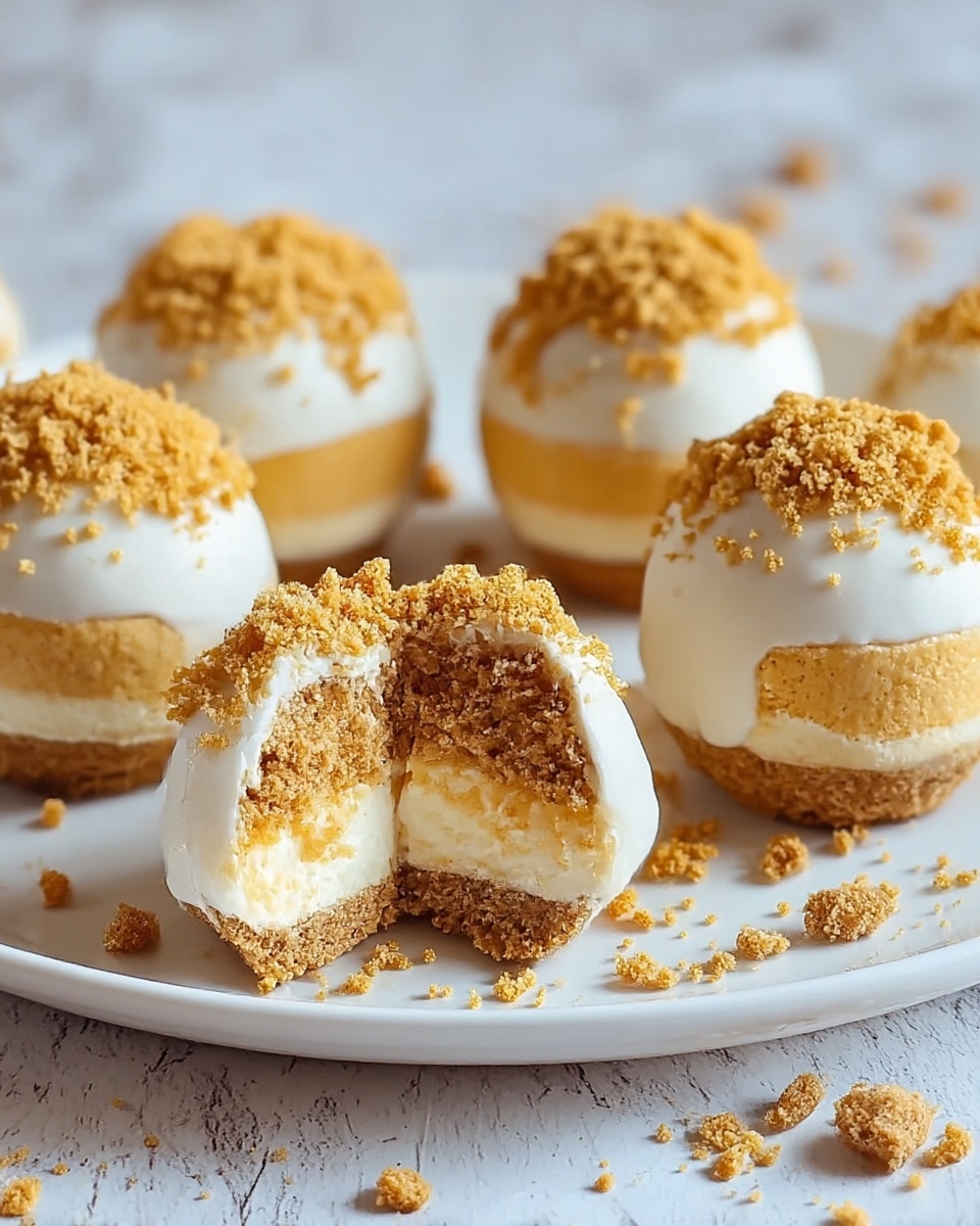 The image shows six round dessert balls arranged on a white plate with a white marbled texture surface beneath. Each ball has three clear layers: the bottom layer is a crumbly, light brown crust, the middle layer is light orange and creamy, and the outside layer is a smooth, thick white coating. The top part is sprinkled with a rough, golden crumb topping that looks crunchy. Two of the dessert balls are bitten, revealing all three layers inside with the creamy middle exposed. Small crumbs are scattered around the plate. Photo taken with an iphone --ar 4:5 --v 7