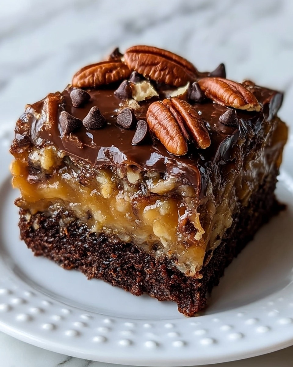 The image shows a rich, multi-layered dessert square on a white plate, placed on a white marbled surface. The bottom layer is a dense, dark chocolate cake with a moist texture. Above it is a gooey, golden caramel-and-nut mixture layer, which is sticky and textured with chopped nuts. The top layer is a glossy, thick drizzle of melted chocolate spread evenly, decorated with whole pecans and scattered dark chocolate chips that add a rough texture and extra dimension to the dessert. The piece is cut cleanly, emphasizing the contrast between dark chocolate, golden caramel, and nutty tones. Photo taken with an iphone --ar 4:5 --v 7