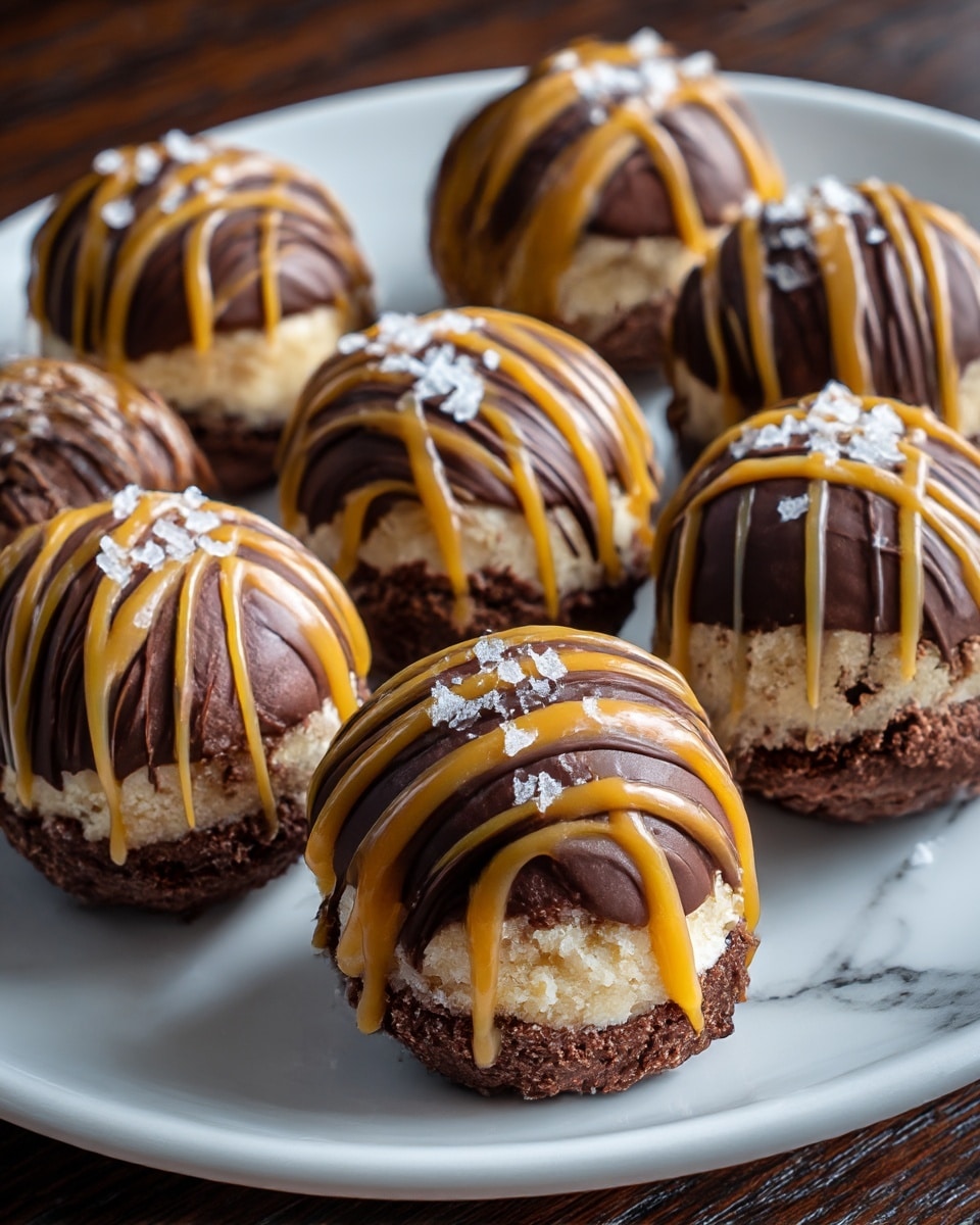 Seven round chocolate truffles sit closely on a white plate over a white marbled texture. Each truffle has a dark brown chocolate base layer with a creamy light beige center exposed on top. The truffles are decorated with smooth dark chocolate drizzles and shiny caramel drizzle on top. Coarse salt crystals are sprinkled on the surface of the truffles, adding a textured contrast to the glossy caramel and smooth chocolate. The overall look is rich and inviting with a mix of dark, light, and golden colors. photo taken with an iphone --ar 4:5 --v 7