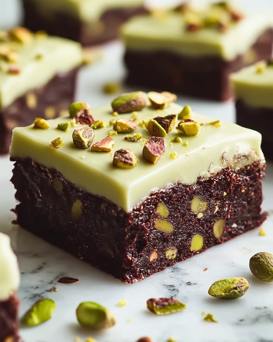 A close-up view of square brownies on a white marbled surface showing two visible layers: the bottom layer is a thick, dark brown, moist chocolate cake with small pieces of pistachio inside, and the top layer is a smooth, light green pistachio frosting spread evenly over the chocolate base. The frosting is topped with scattered chopped pistachio nuts adding texture and color contrast with their green and brown shells. Some pistachio pieces are also scattered around the brownies on the surface. The edges of the brownies are straight and clean. photo taken with an iphone --ar 4:5 --v 7