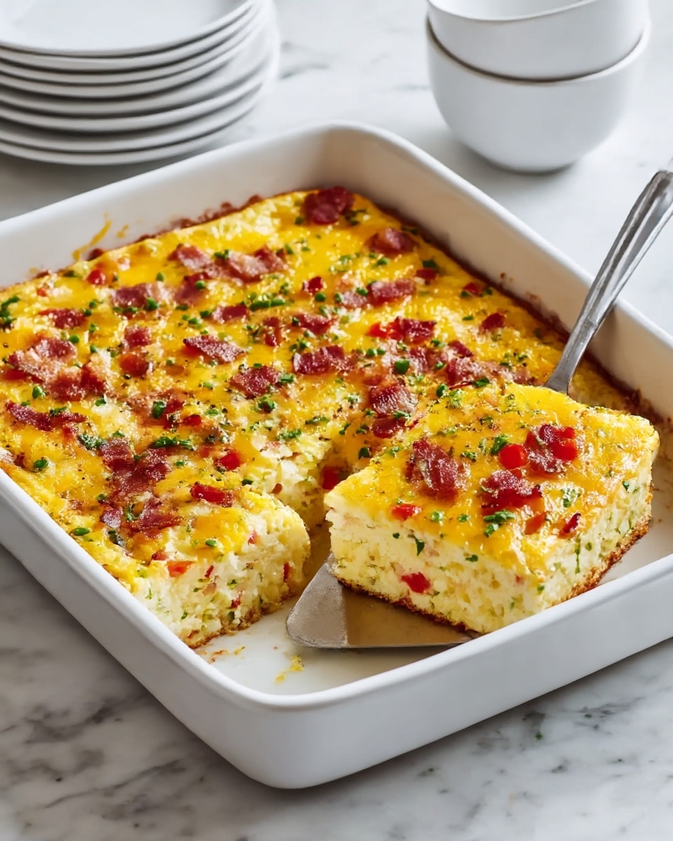 A white square baking dish holds a layered egg casserole with a golden-brown top dotted with red bits, dark brown crispy pieces, and green herbs. The casserole is cut into a square, showing three thick layers inside: the bottom and middle layers are light yellow with small white chunks mixed in, while the top layer is a melted orange-yellow cheese with scattered red and green pieces. A silver fork rests on the edge of the dish near the cut piece. The dish is set on a white marbled surface with stacked white bowls in the background. Photo taken with an iphone --ar 4:5 --v 7