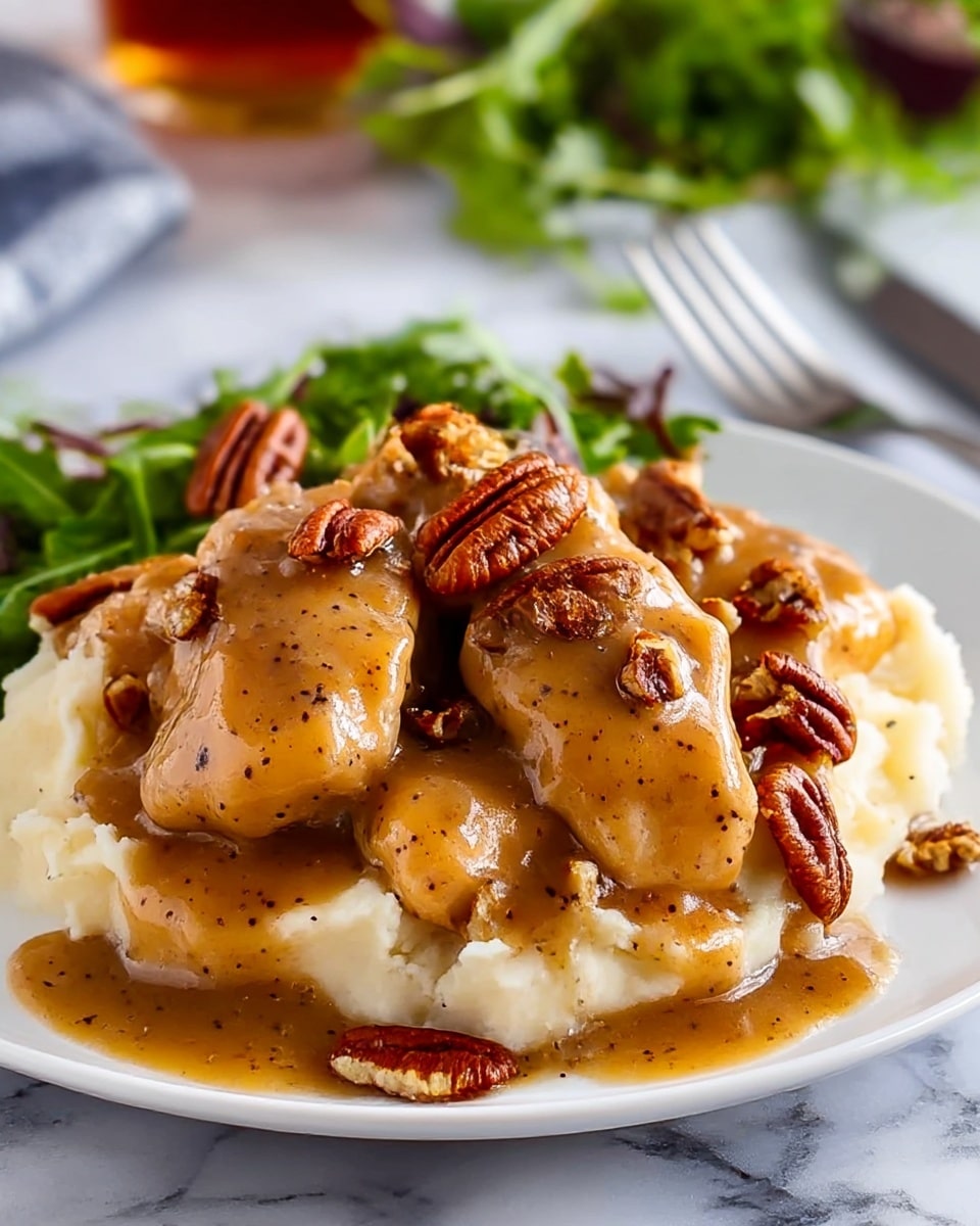 The image shows a white plate with a base layer of creamy mashed potatoes that are smooth and pale yellow in color. On top of this is a thick, rich, light brown gravy with visible specks of black pepper, covering several golden-brown fried chicken pieces that appear crispy but soaked in the sauce. Scattered on the gravy are small pieces of chopped pecans adding texture and a nutty, brown color contrast. In the background, some green leafy vegetables can be seen partially blurred, adding a touch of fresh green color. The plate sits on a white marbled surface with a fork and knife below it. Photo taken with an iphone --ar 4:5 --v 7