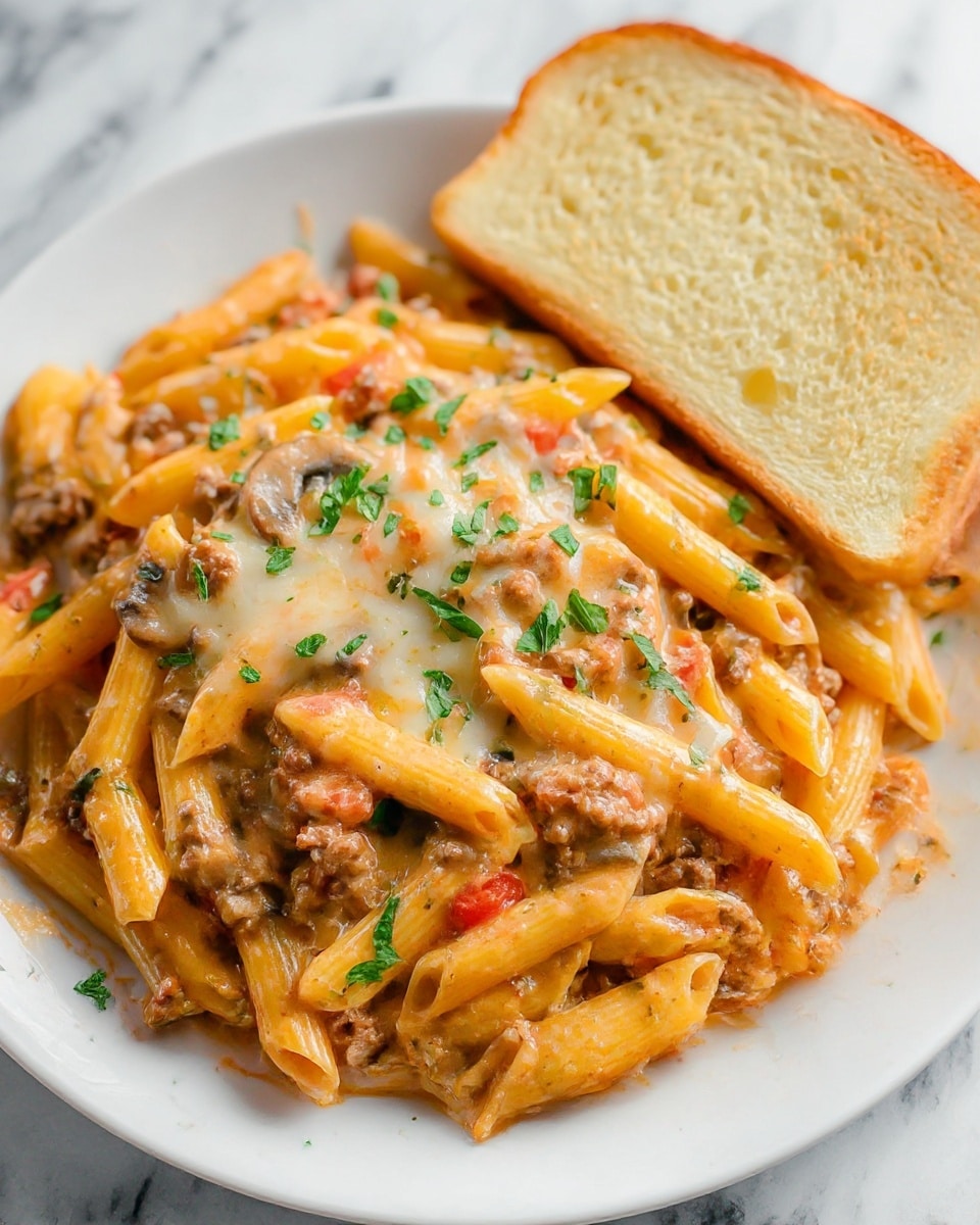 A white plate holds a serving of penne pasta mixed with a rich, red tomato sauce that lightly coats each pasta piece. On top, there is a generous layer of browned ground beef mixed with small pieces of mushrooms and onions. Melted cheese covers parts of the meat and pasta, with a sprinkle of fresh green herbs and grated parmesan adding detail to the dish. To the side, two slices of toasted white bread rest on the plate, showing a golden brown crust. The whole scene is set on a white marbled surface, presenting a warm, inviting meal. photo taken with an iphone --ar 4:5 --v 7