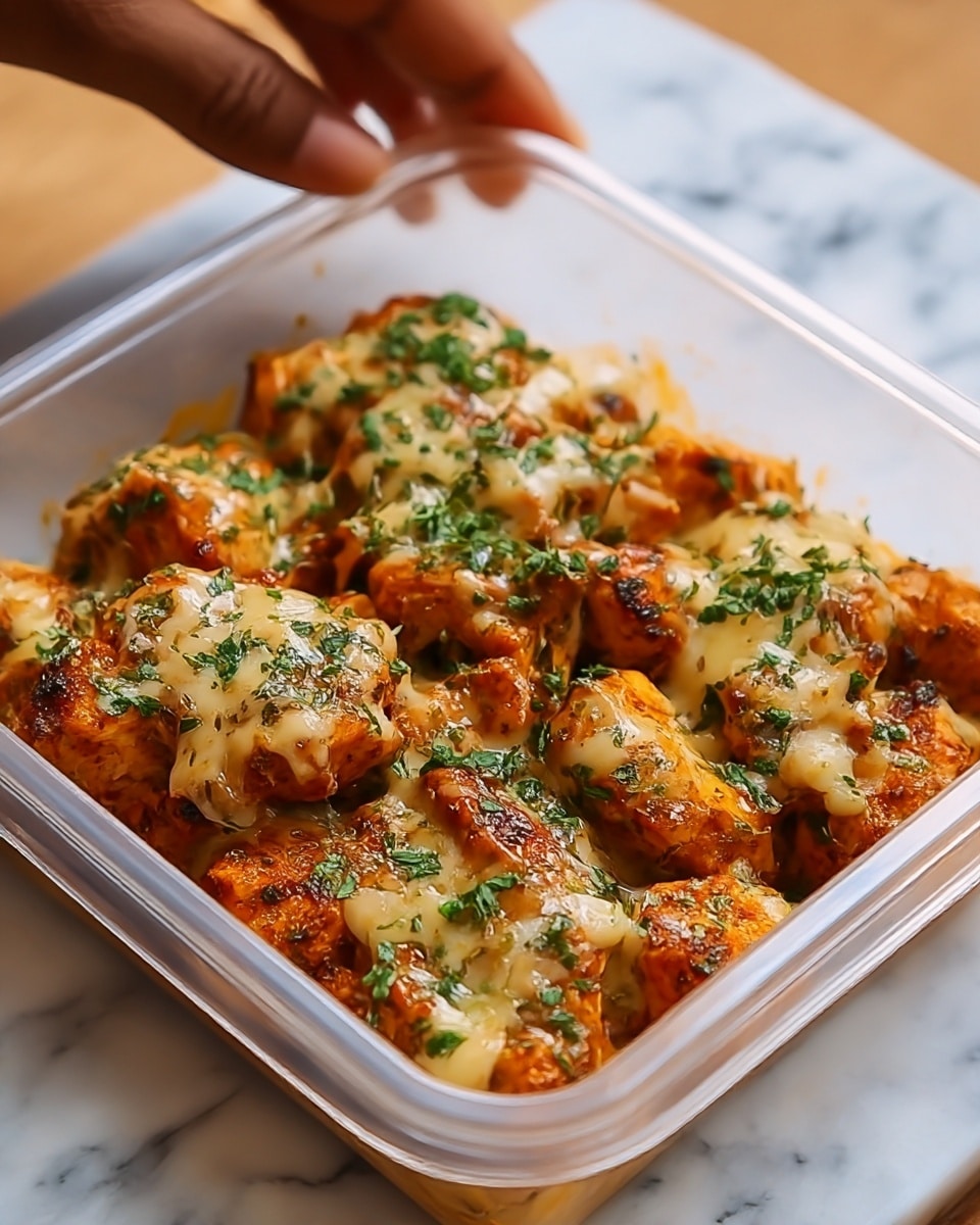 The image shows a clear food container filled with multiple chunky pieces of grilled or roasted chicken, covered in a melted layer of creamy, light yellow cheese that drapes over each piece, with a light sprinkling of finely chopped green herbs on top. The chicken has a reddish-brown color with some charred spots, giving it a spicy or seasoned look. The container is placed on a white marbled surface, and a woman's hand is seen reaching towards the food in the background. photo taken with an iphone --ar 4:5 --v 7