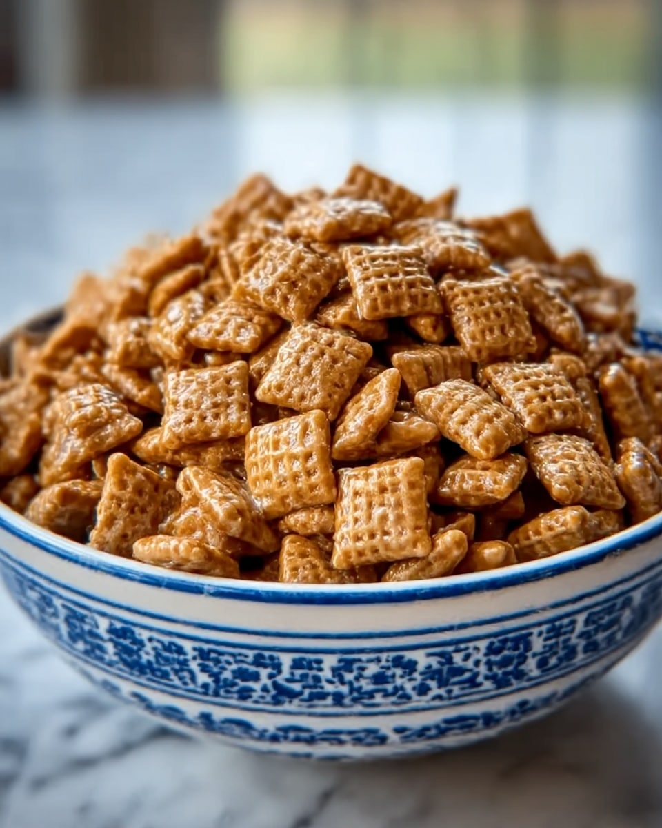 A close-up image of a white bowl with blue patterns filled with many square-shaped cereal pieces that are light brown and coated with a shiny caramel glaze, giving them a crunchy texture. The bowl is sitting on a white marbled surface with a blurred background, and the cereal pieces fill the bowl to the top, showing slight variation in shape and size. photo taken with an iphone --ar 4:5 --v 7