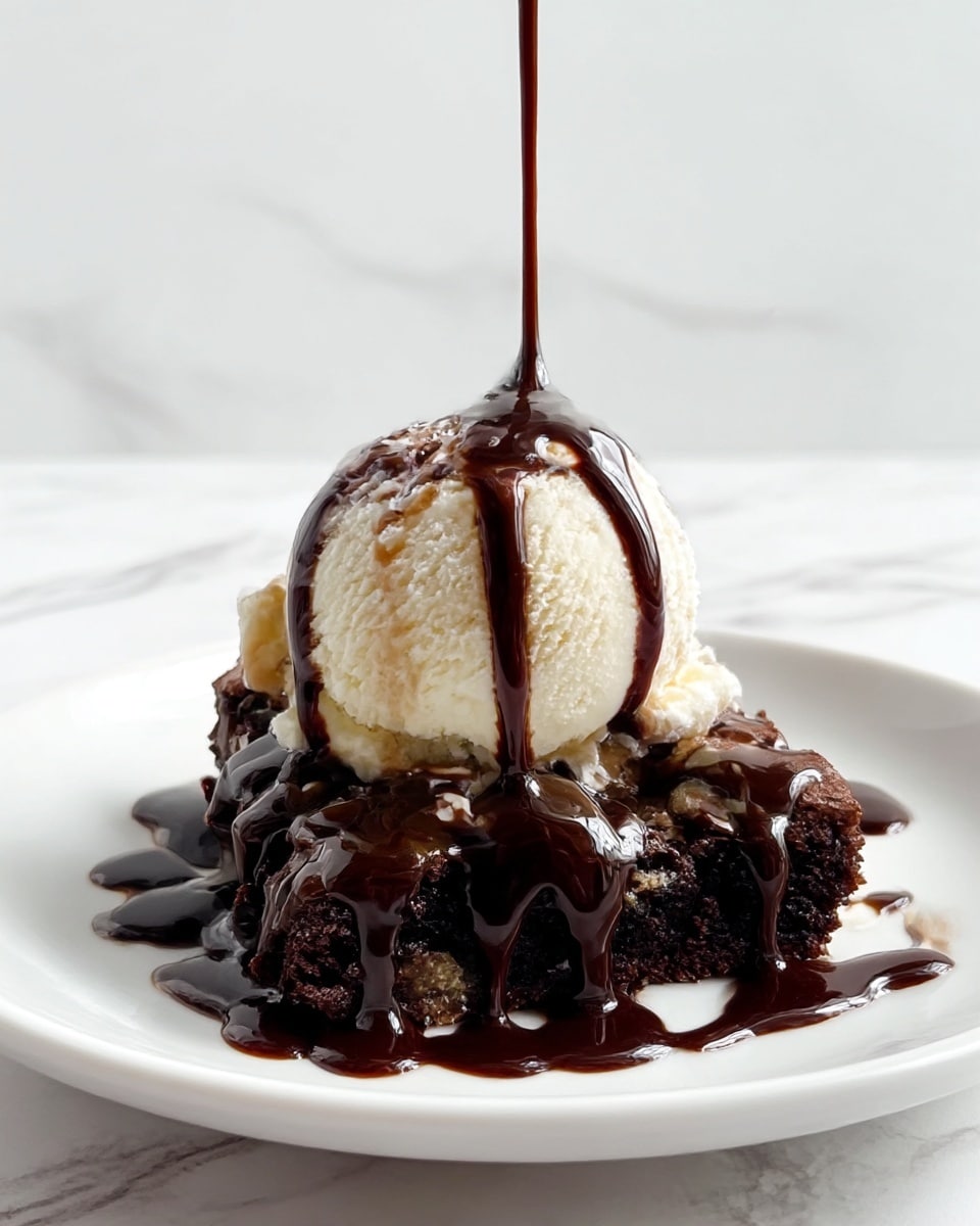 The image shows a white plate with a dessert made of a crumbly dark brown chocolate brownie base, topped with a round scoop of creamy white vanilla ice cream. Thick, glossy dark chocolate sauce is being poured over the ice cream, dripping down its sides and spreading over the brownie pieces below. The plate is set on a white marbled surface, creating a clean and bright background. photo taken with an iphone --ar 4:5 --v 7