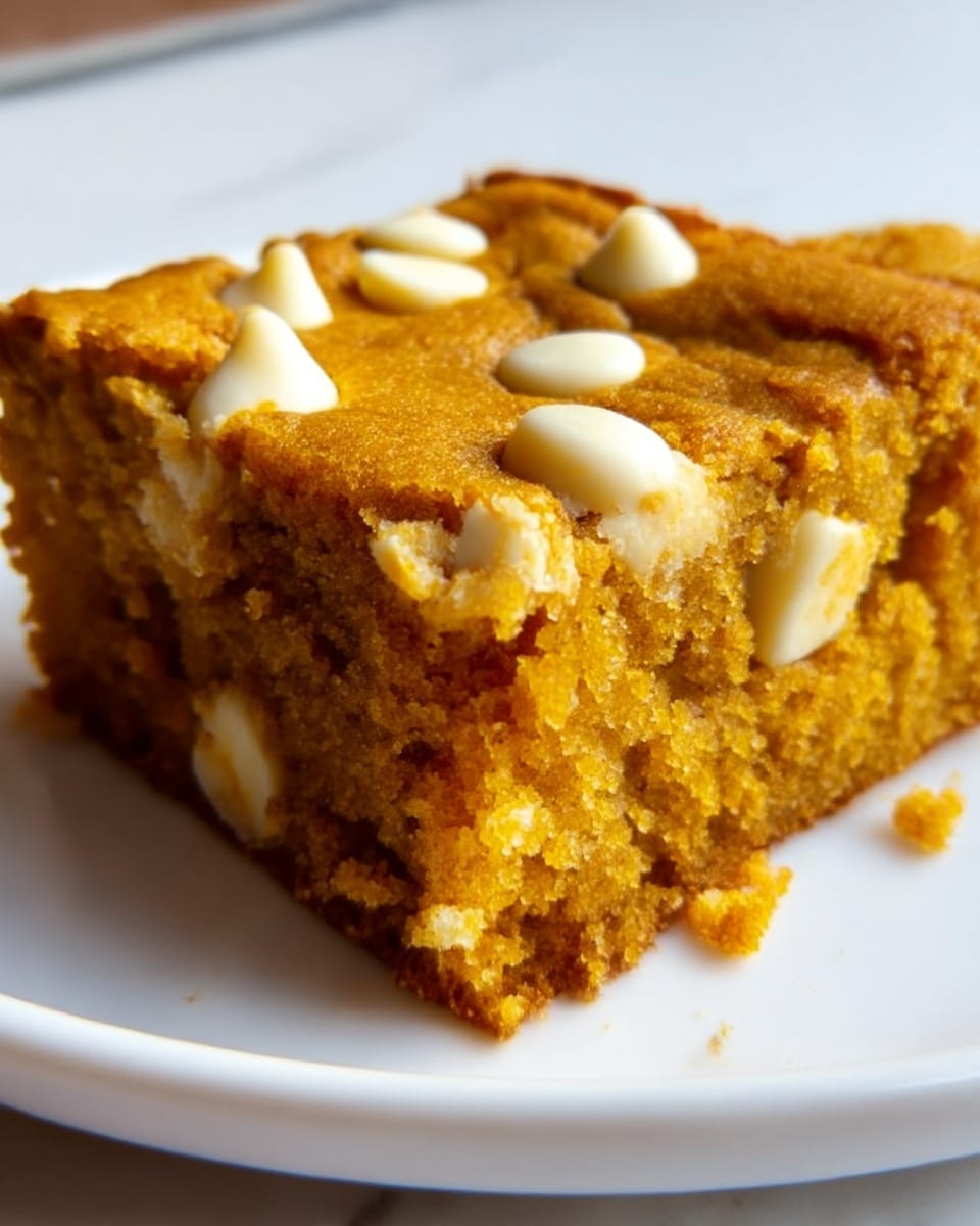 A close-up view of a thick, square slice of golden brown pumpkin cake with a moist and slightly crumbly texture, showing white chocolate chips melted throughout the top layer, creating small smooth white spots. The cake sits on a plain white plate, which is placed on a white marbled surface. The light highlights the soft, dense inside and the slightly crisp edges of the cake. Photo taken with an iphone --ar 4:5 --v 7
