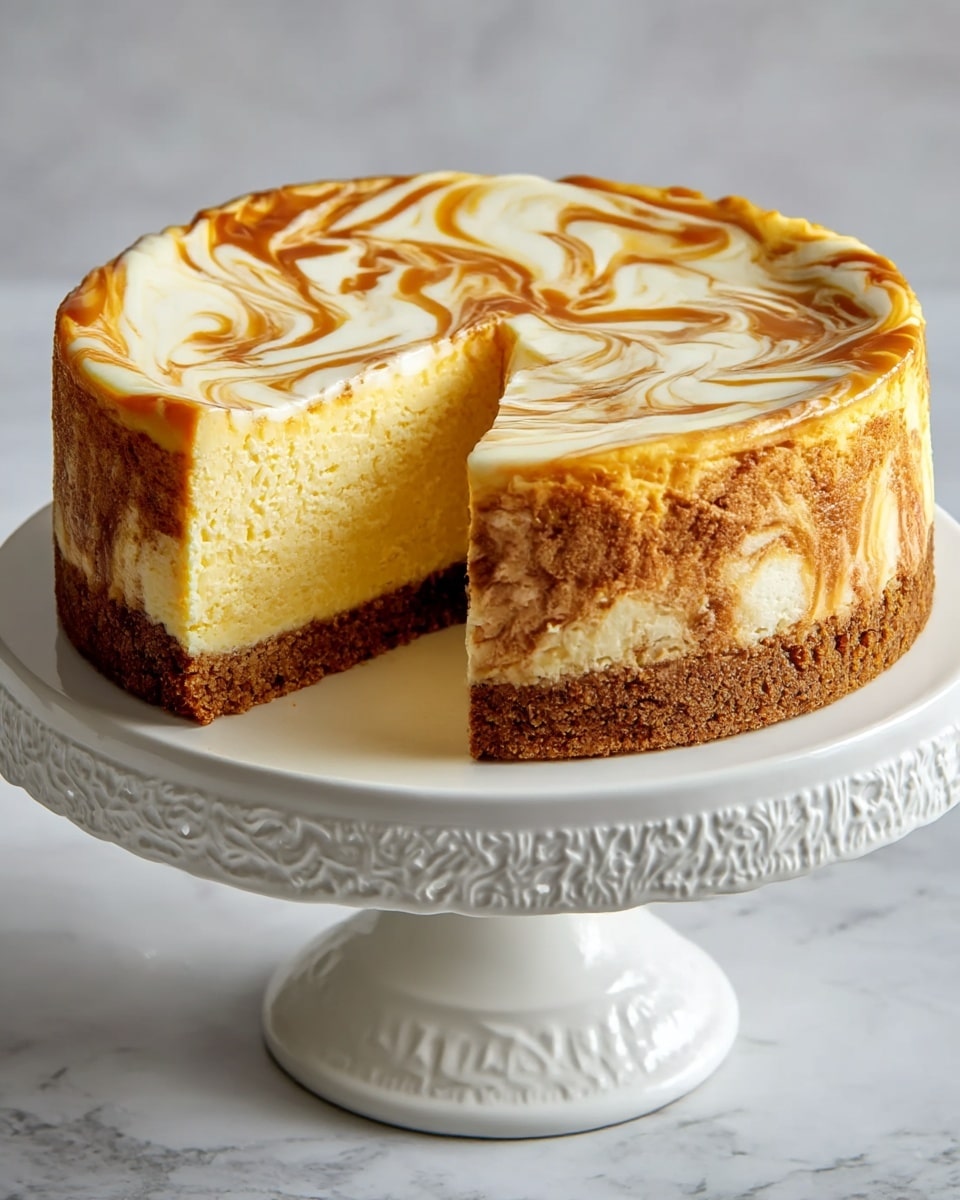 A round cheesecake sits on a white decorative cake stand with a smooth pedestal, placed on a white marbled surface. The cheesecake has three main layers: a bottom crumbly brown crust, a thick middle creamy pale yellow layer, and a swirled top layer with light brown and white patterns creating a marble effect. A slice is taken out, showing the smooth texture inside and the clear separation of layers. The lighting highlights the soft texture and the swirls on top, giving it a fresh and inviting look. photo taken with an iphone --ar 4:5 --v 7