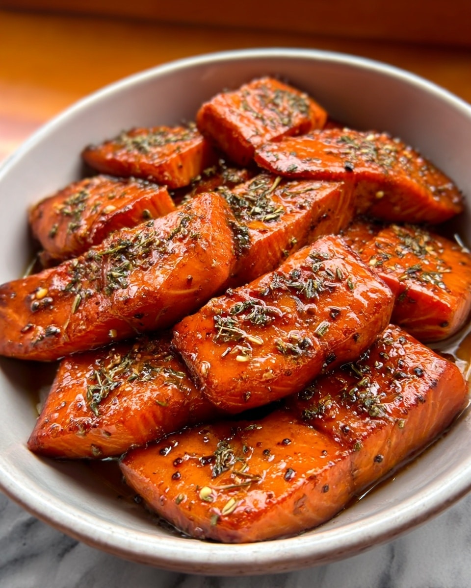 The image shows a round white bowl filled with many pieces of grilled salmon fillets arranged in layers. The top layer consists of thick, orange salmon fillets with visible grill marks and a shiny glazed look. The salmon is sprinkled with black pepper and herbs, giving it a textured surface with small dark and green spots. The bowl is placed on a white marbled surface, and the lighting highlights the juicy and cooked texture of the fish. photo taken with an iphone --ar 4:5 --v 7