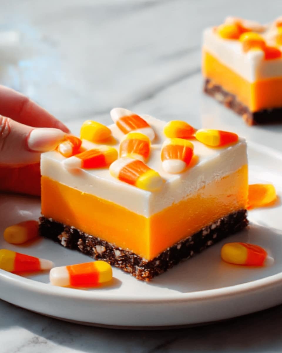 A square dessert with three clear layers on a white plate: the bottom layer is dark brown and crumbly, the middle layer is bright orange and smooth, and the top layer is creamy white with a glossy finish. The white layer is decorated with striped candy pieces and small orange, yellow, and white candy corn scattered on top. The plate sits on a white marbled surface, and a woman's hand is gently holding one piece of the dessert. Photo taken with an iphone --ar 4:5 --v 7