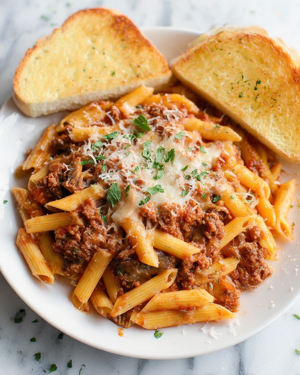 The image shows a white plate filled with penne pasta mixed with ground meat and a creamy orange sauce. The pasta is coated in the sauce and is topped with melted cheese and small pieces of mushrooms and tomatoes, adding texture and color. Fresh green herbs are sprinkled on top, providing a vibrant touch. On the right side of the plate, there is a thick slice of toasted bread with a light golden crust. The plate is set on a white marbled surface. photo taken with an iphone --ar 4:5 --v 7